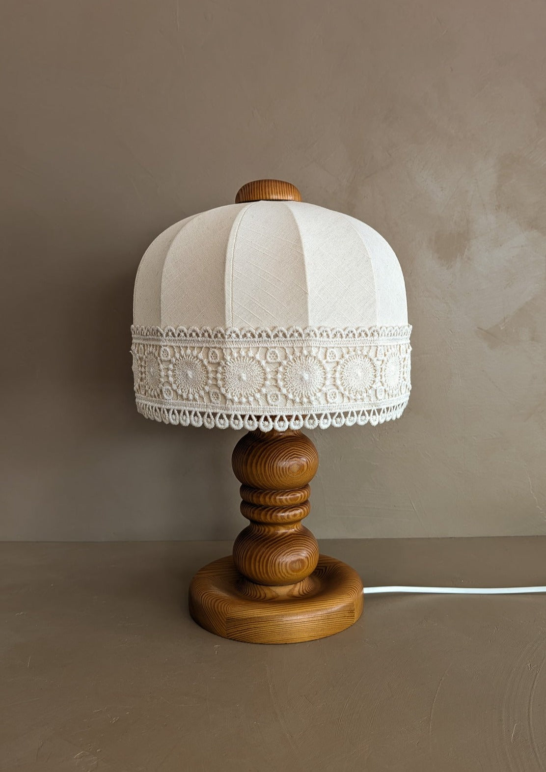 Vintage Swedish Markslöjd Pine Table Lamp with Original Shade and Lace Trim