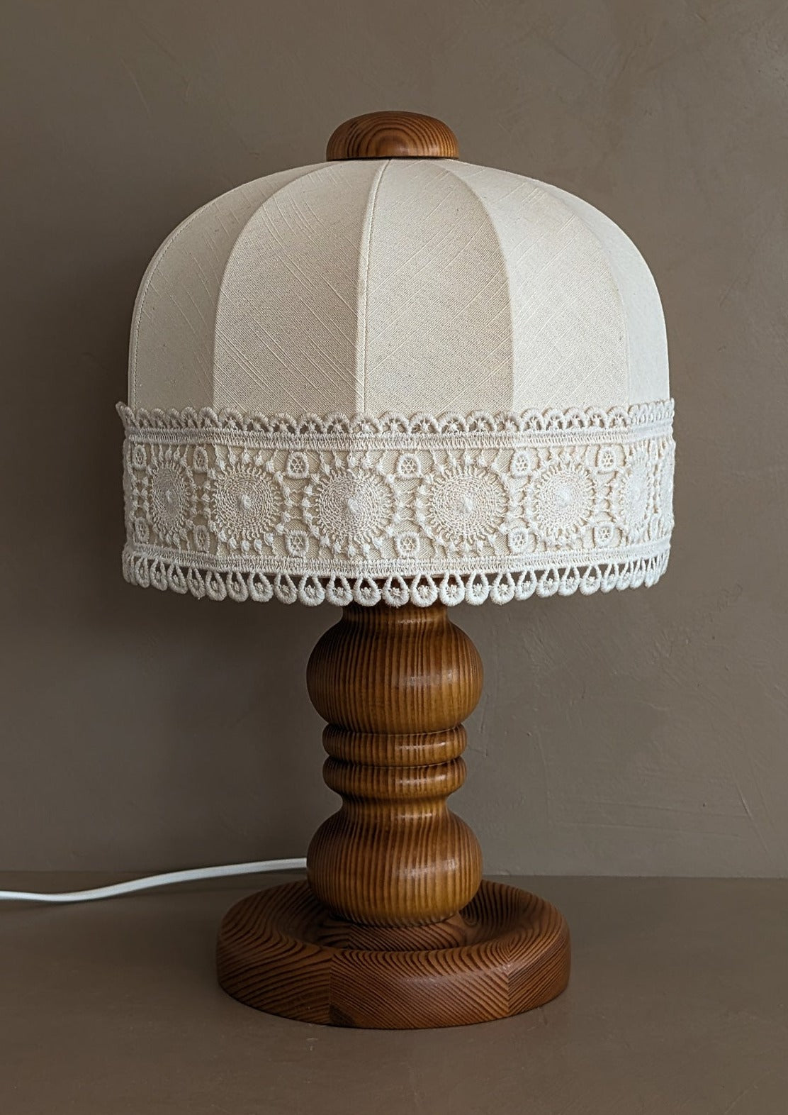 Vintage Swedish Markslöjd Pine Table Lamp with Original Shade and Lace Trim