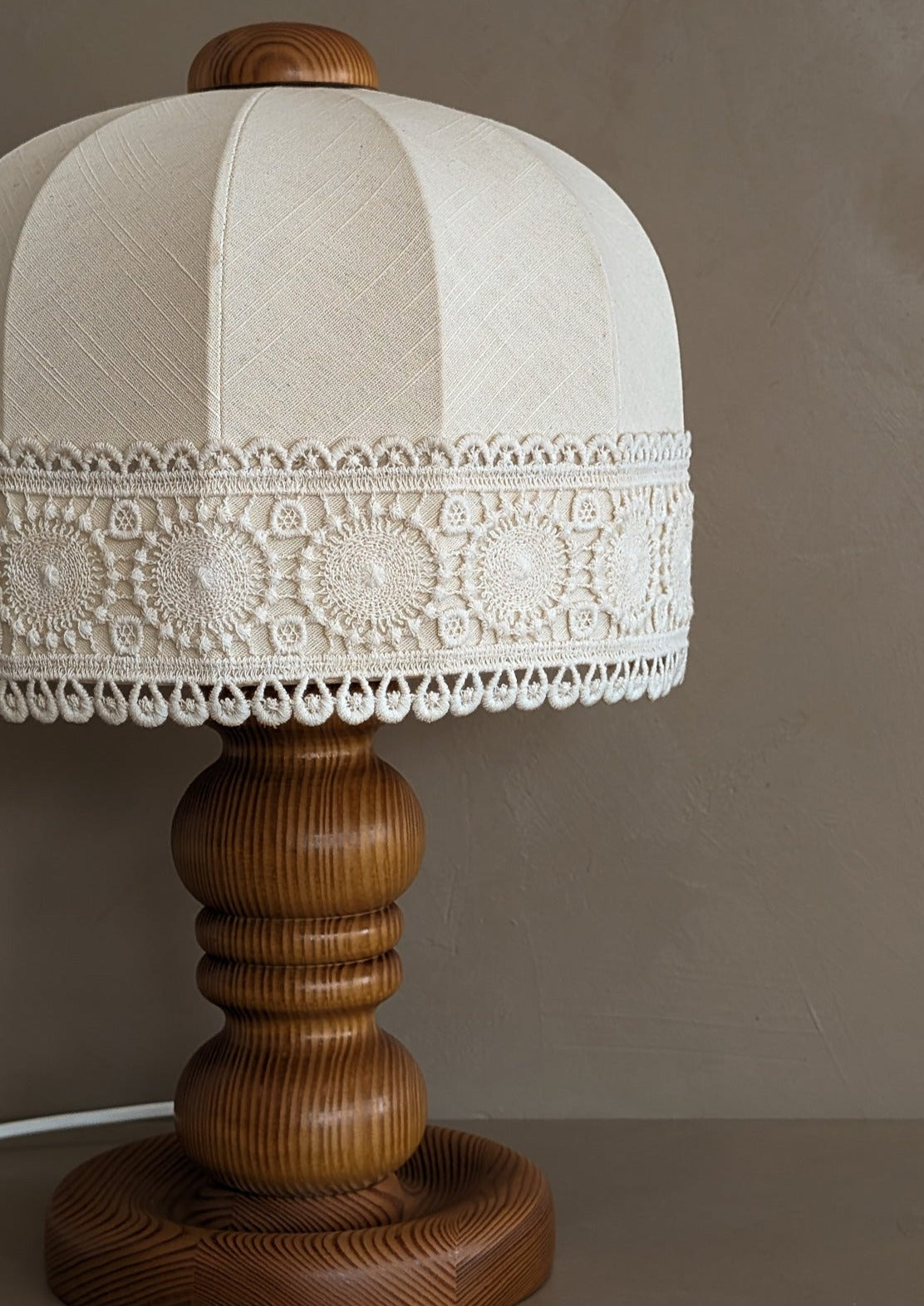 Vintage Swedish Markslöjd Pine Table Lamp with Original Shade and Lace Trim