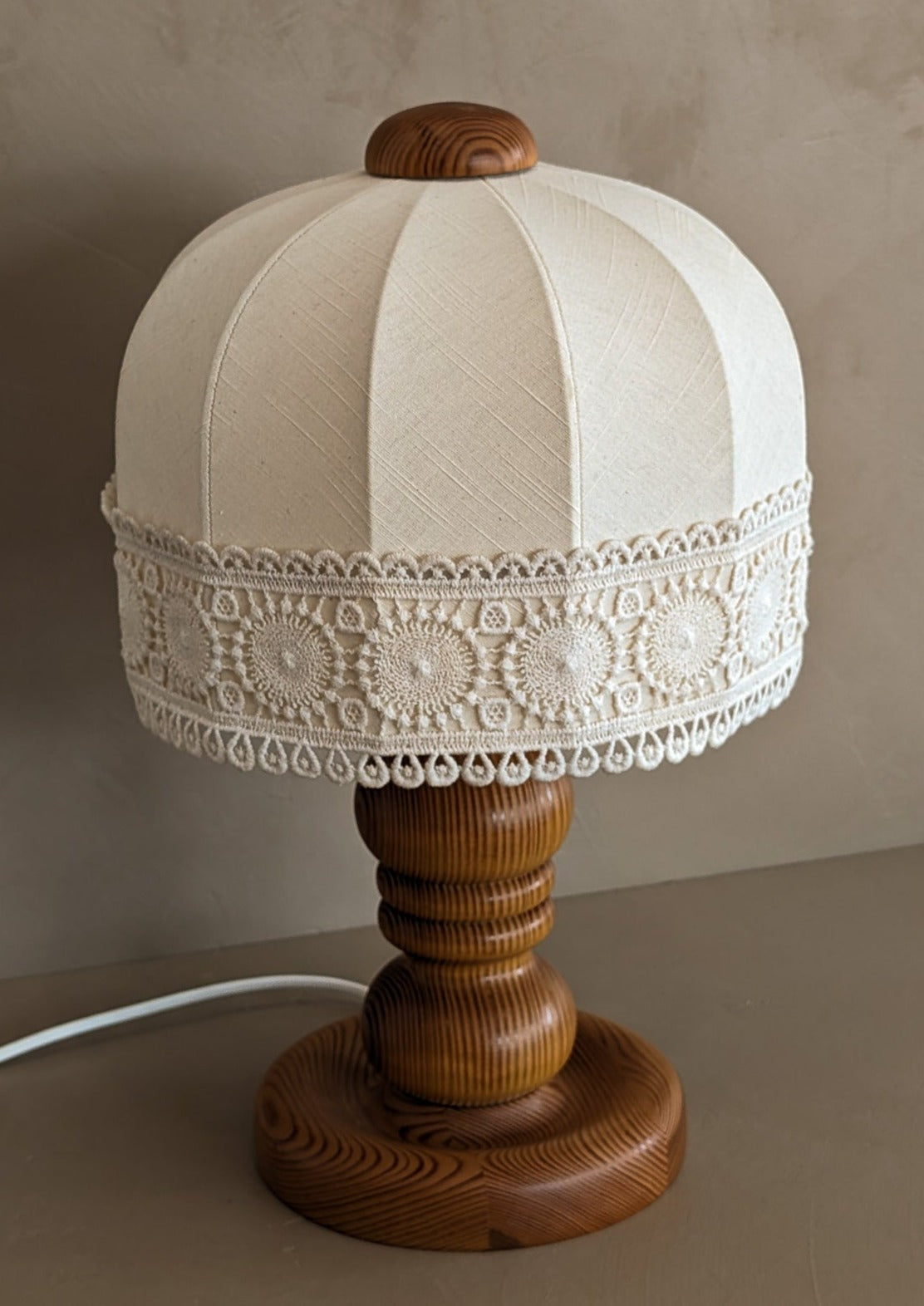 Vintage Swedish Markslöjd Pine Table Lamp with Original Shade and Lace Trim