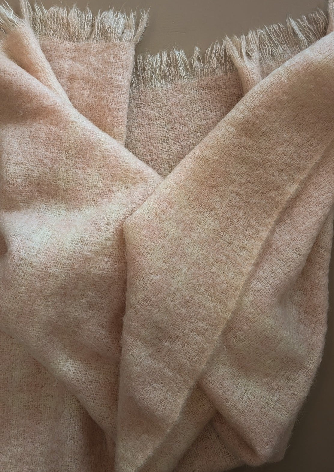 Vintage Blush and Cream Plaid Mohair Blanket