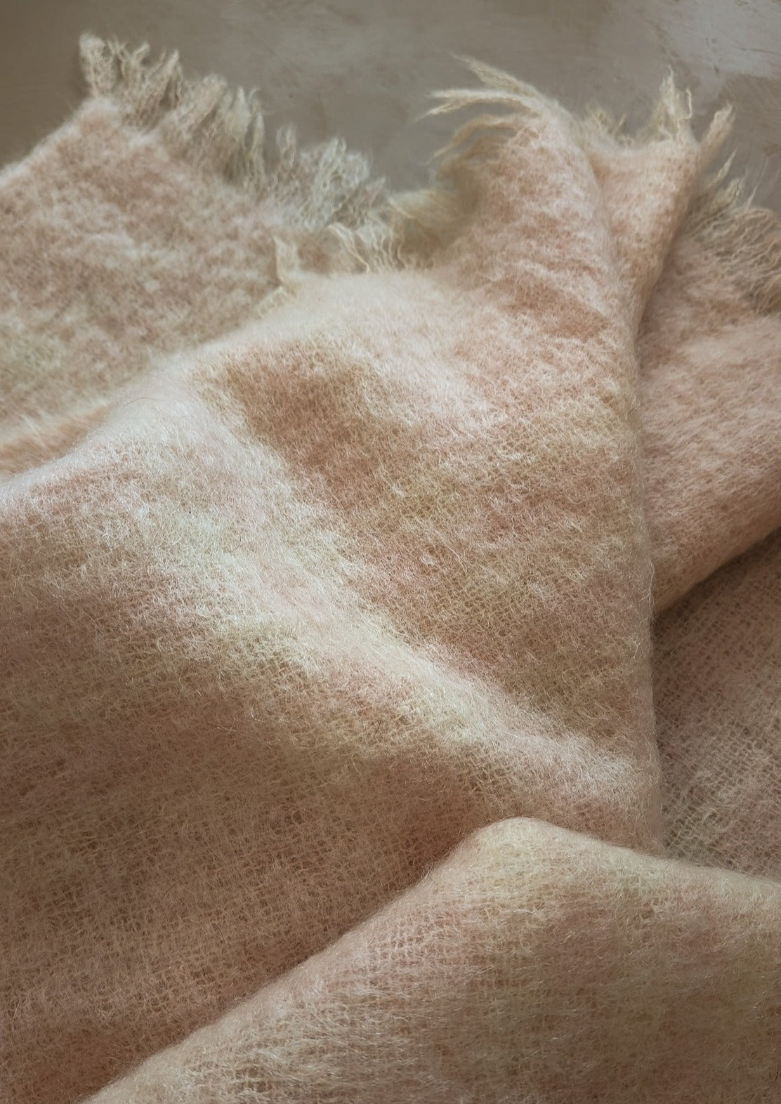 Vintage Blush and Cream Plaid Mohair Blanket