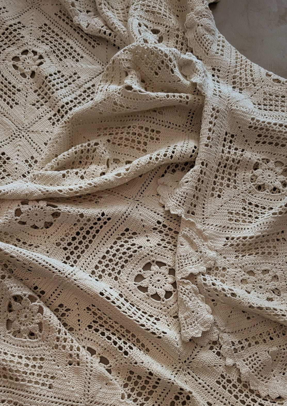 Vintage Hand-crocheted Cream Queen-Sized Coverlet