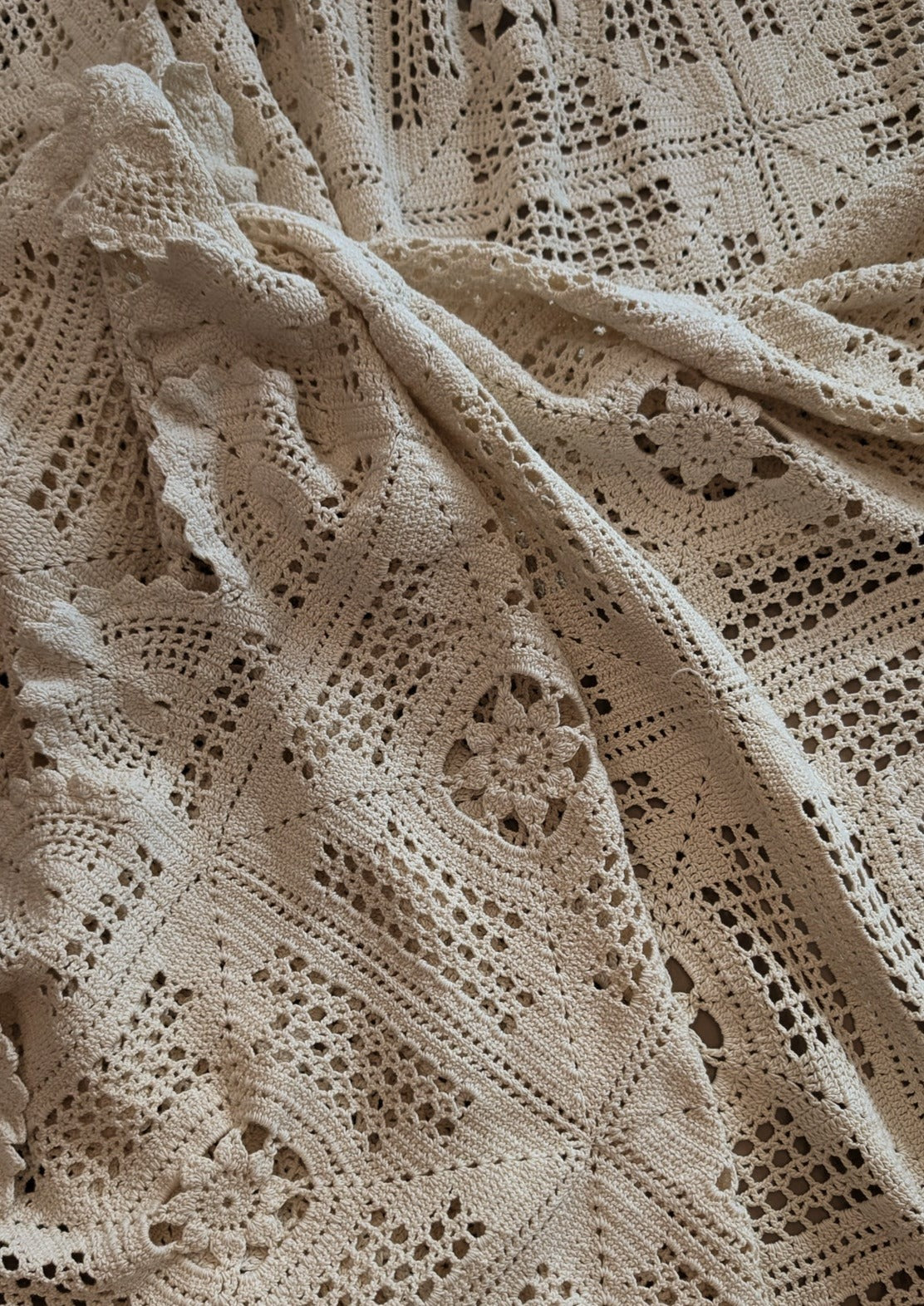 Vintage Hand-crocheted Cream Queen-Sized Coverlet