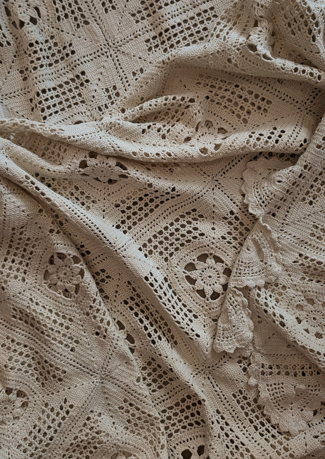 Vintage Hand-crocheted Cream Queen-Sized Coverlet