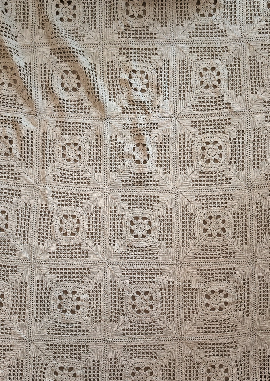 Vintage Hand-crocheted Cream Queen-Sized Coverlet