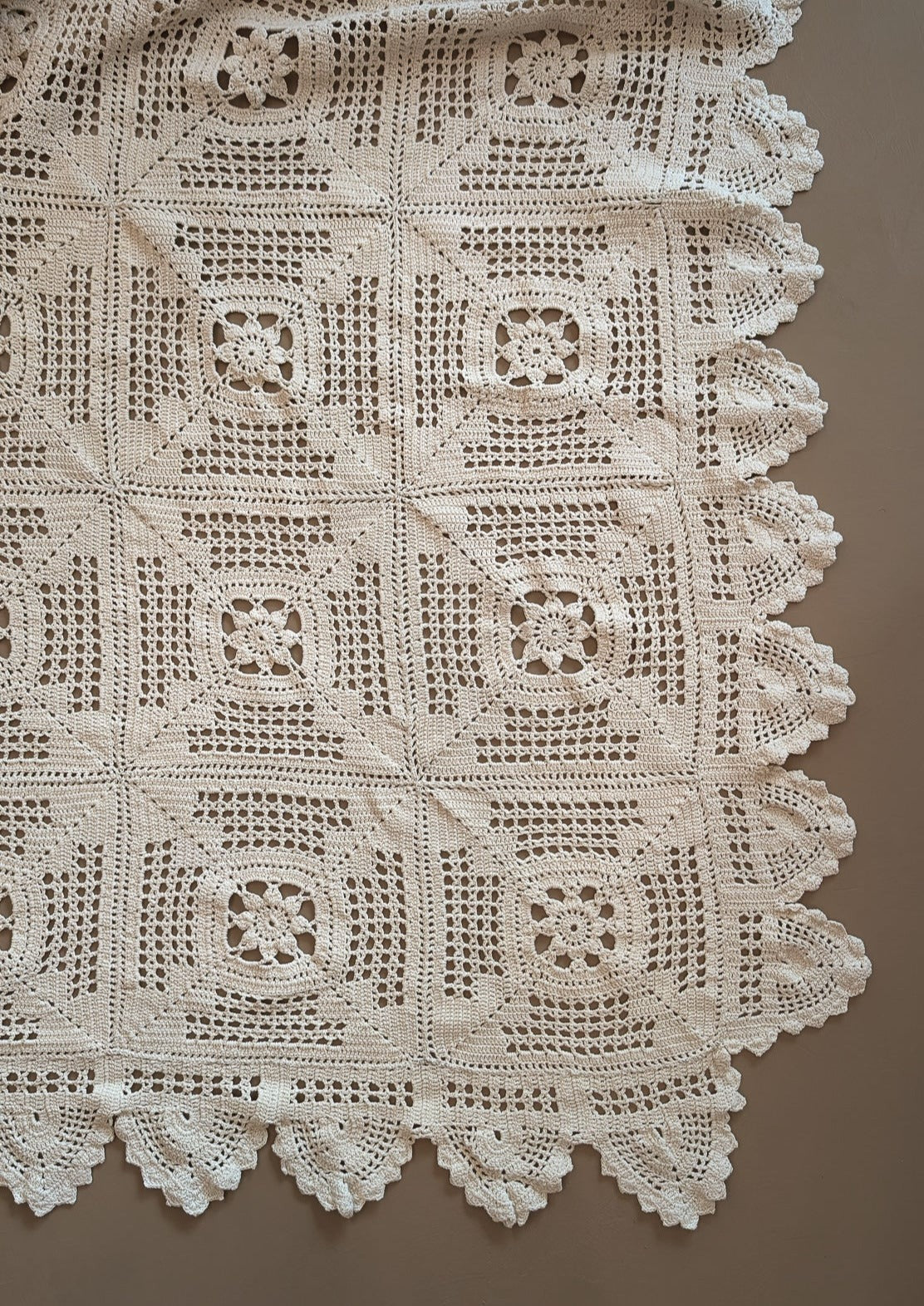 Vintage Hand-crocheted Cream Queen-Sized Coverlet