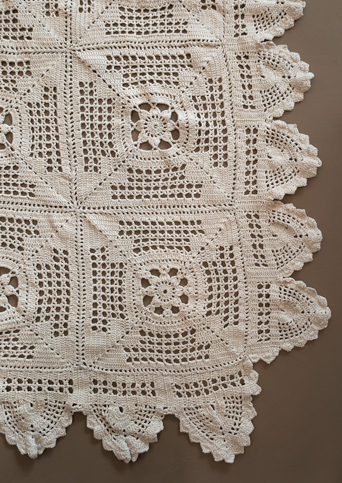 Vintage Hand-crocheted Cream Queen-Sized Coverlet