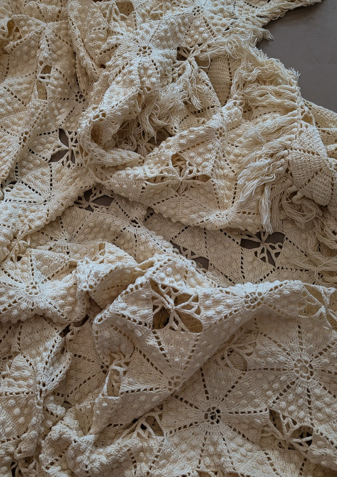 Vintage Hand-crocheted Cream Coverlet with Fringe and Polka Dots