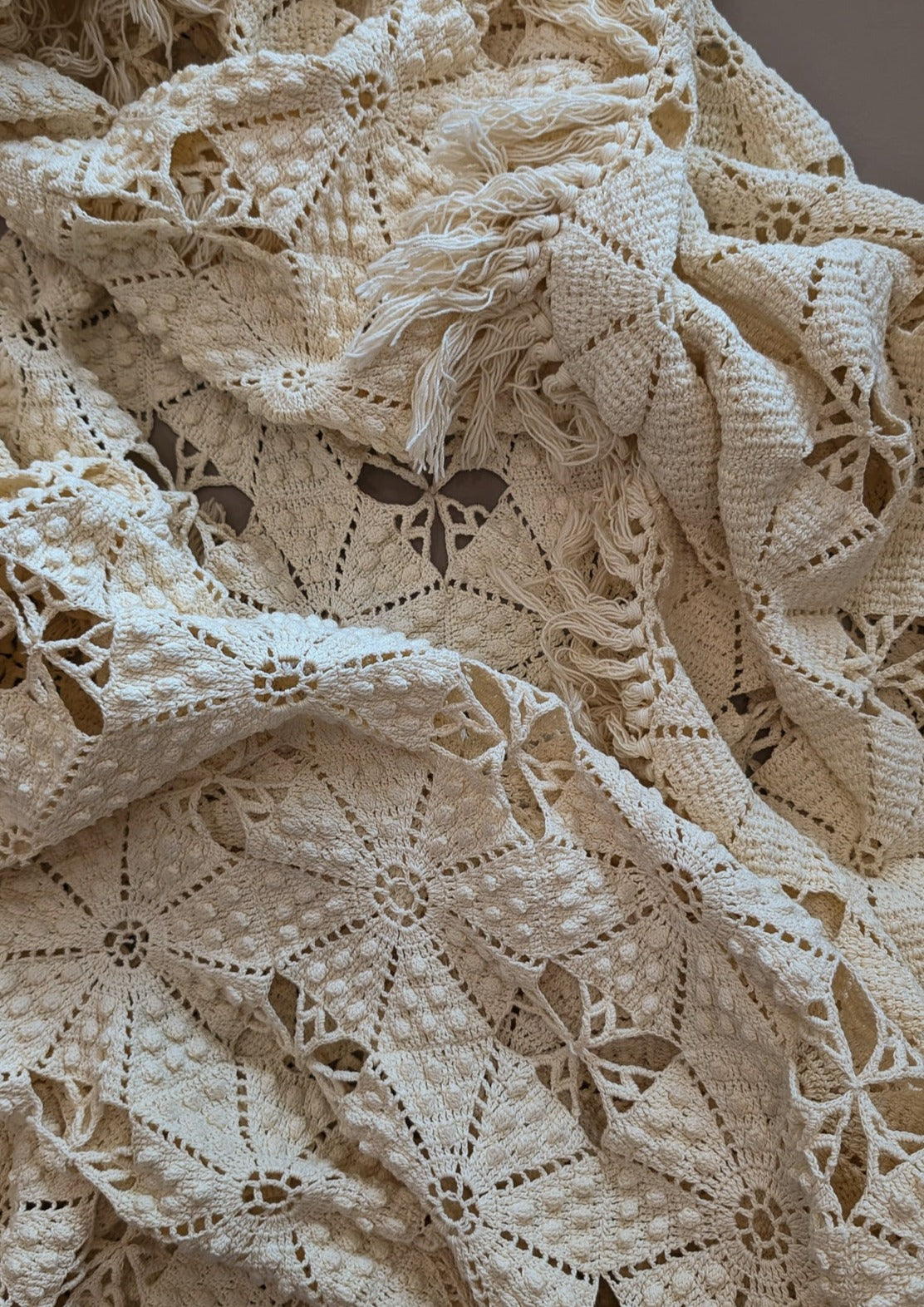 Vintage Hand-crocheted Cream Coverlet with Fringe and Polka Dots