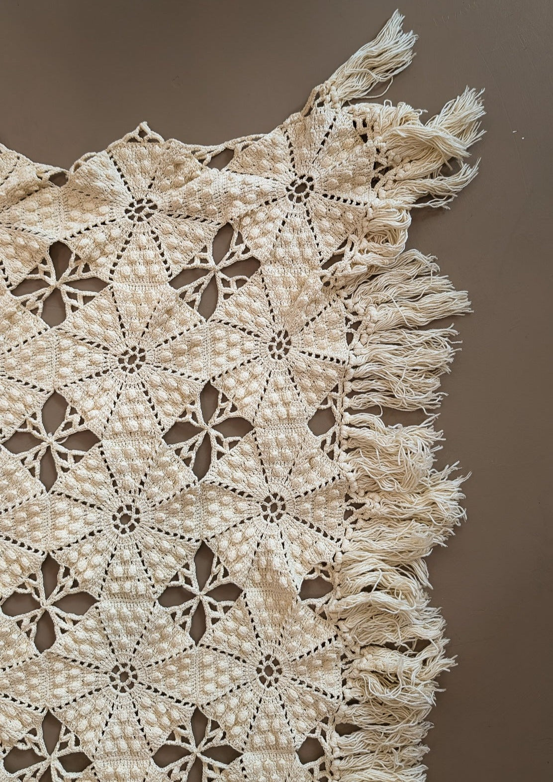 Vintage Hand-crocheted Cream Coverlet with Fringe and Polka Dots