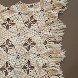 Vintage Hand-crocheted Cream Coverlet with Fringe and Polka Dots