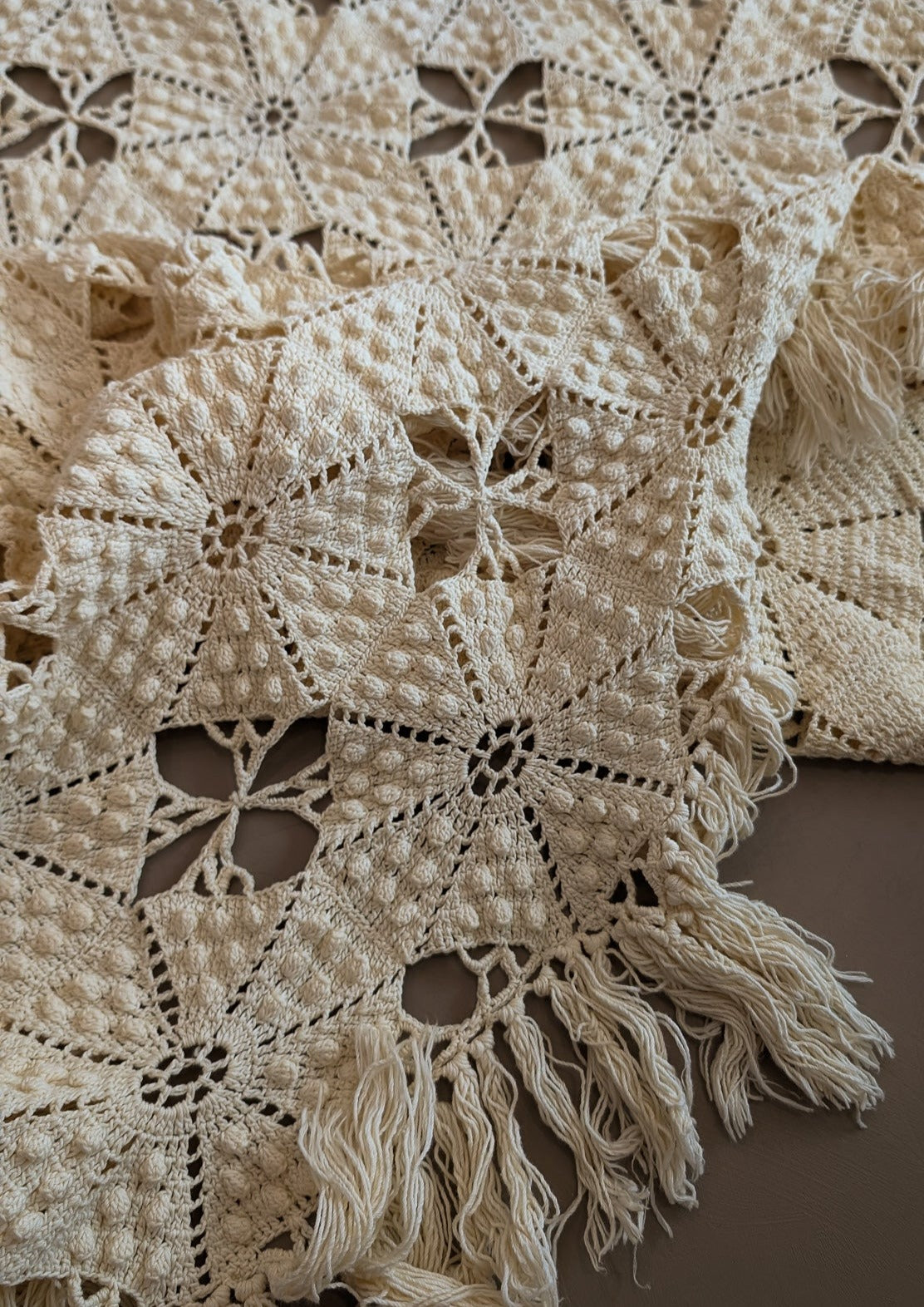 Vintage Hand-crocheted Cream Coverlet with Fringe and Polka Dots