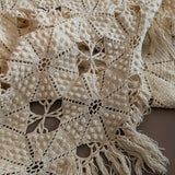 Vintage Hand-crocheted Cream Coverlet with Fringe and Polka Dots