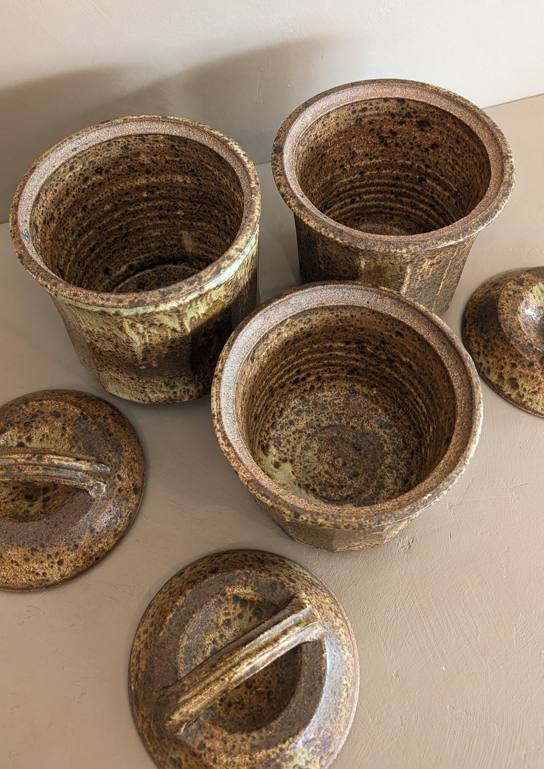 Trio of Speckled Studio Pottery Lidded Canisters