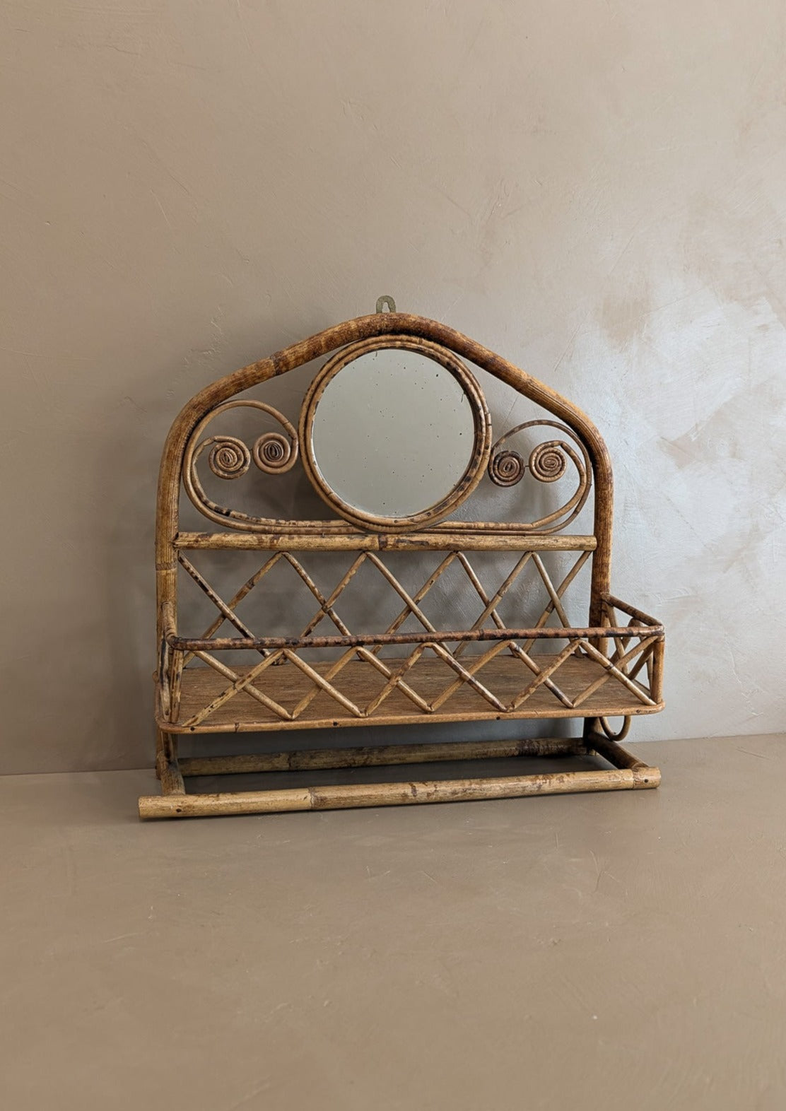 Vintage French-Style Burnt Bamboo Mirrored Wall Shelf with Hanging Rack