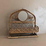 Vintage French-Style Burnt Bamboo Mirrored Wall Shelf with Hanging Rack