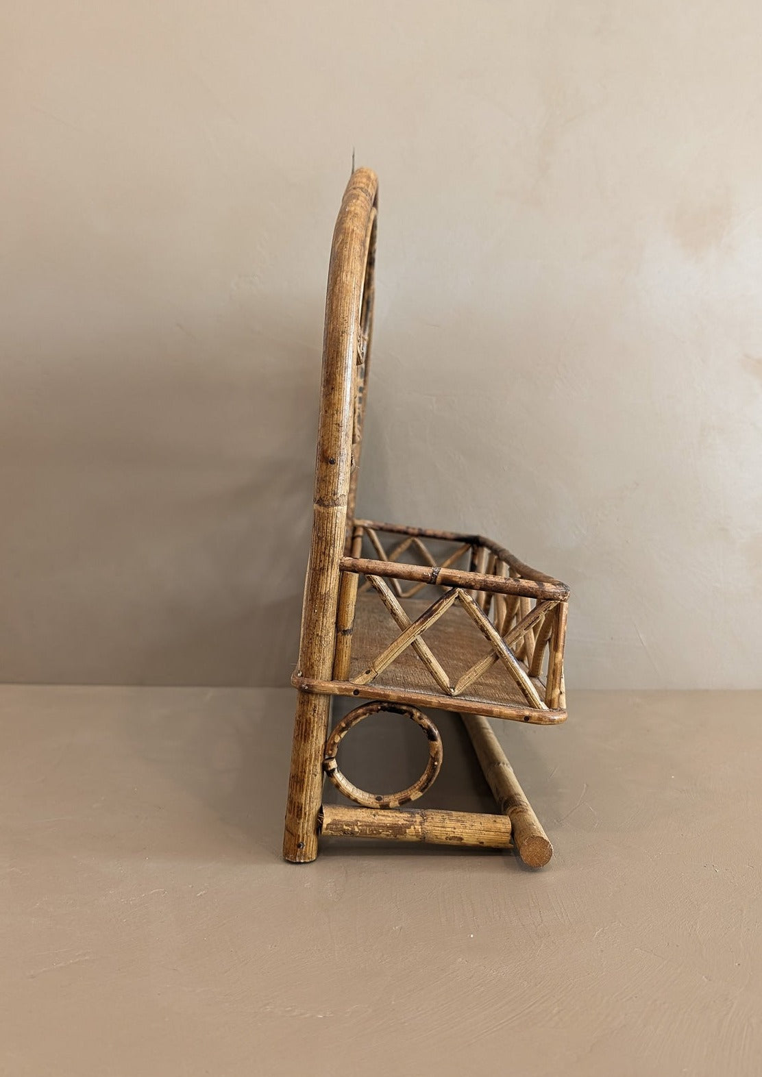 Vintage French-Style Burnt Bamboo Mirrored Wall Shelf with Hanging Rack