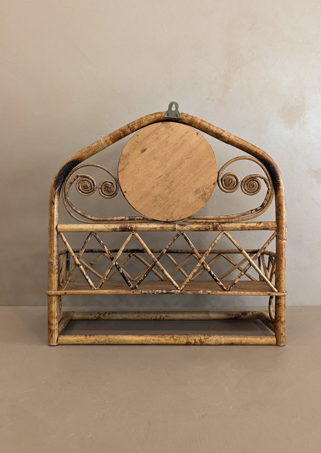 Vintage French-Style Burnt Bamboo Mirrored Wall Shelf with Hanging Rack