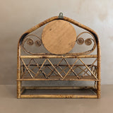 Vintage French-Style Burnt Bamboo Mirrored Wall Shelf with Hanging Rack