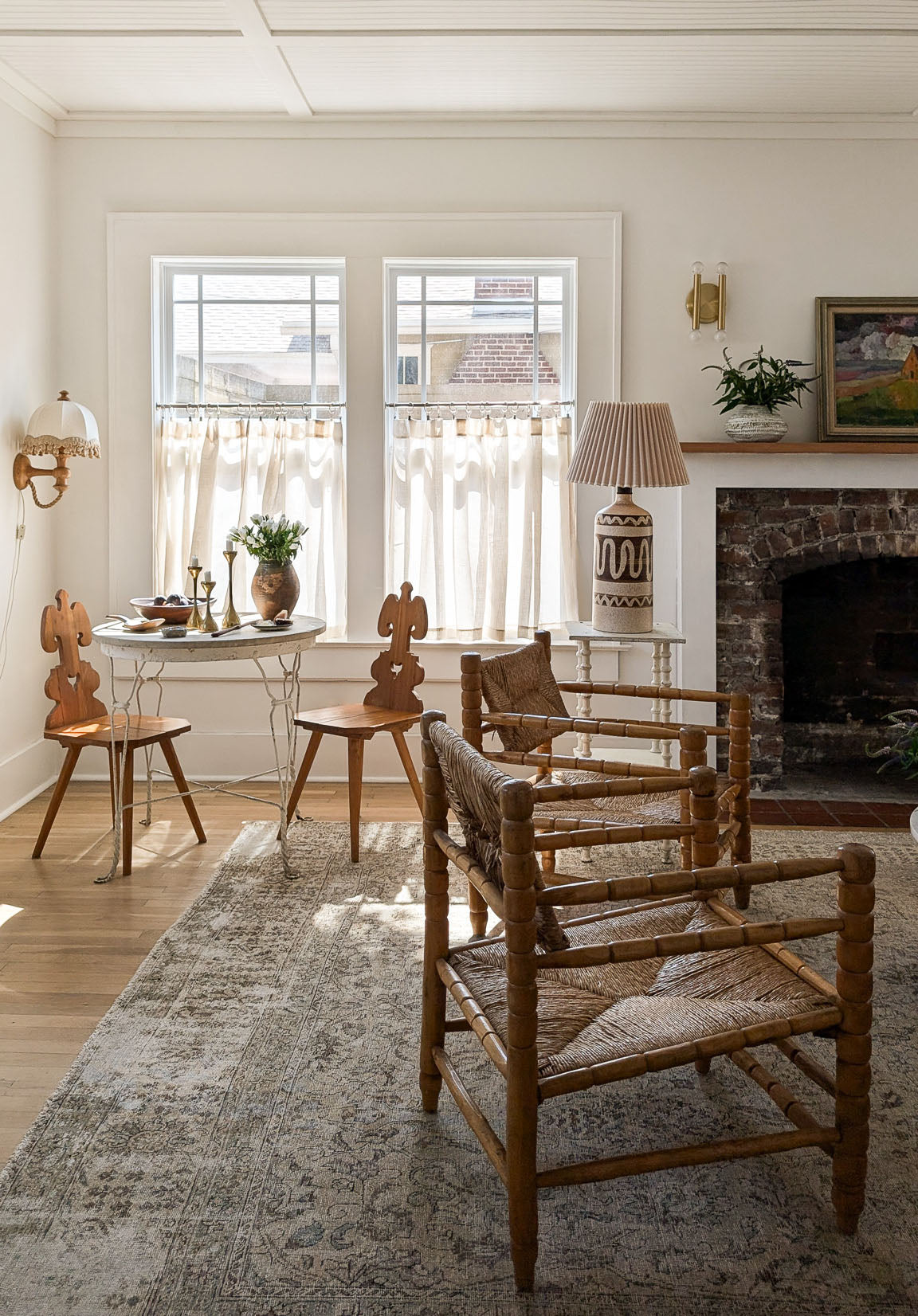 Pair of Vintage Midcentury European Charles Dudouyt-Style Hand-turned Rush and Wood Chairs
