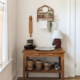 Vintage French-Style Burnt Bamboo Mirrored Wall Shelf with Hanging Rack