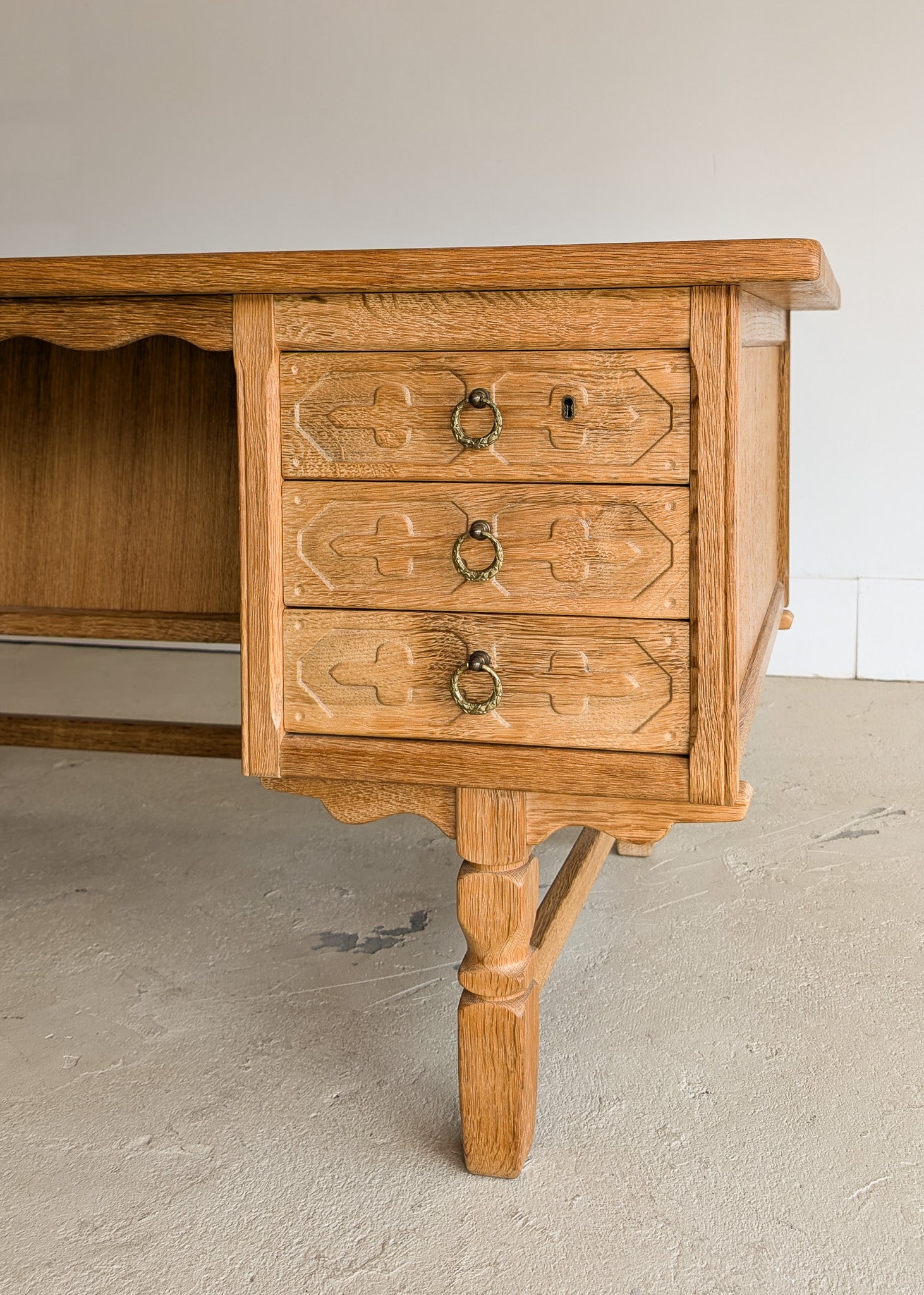 Vintage Danish Henning Kjærnulf-Attributed Quartersawn White Oak Desk with Original Skeleton Key