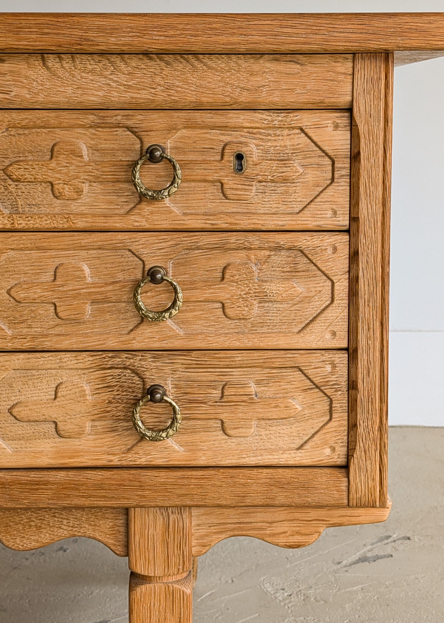 Vintage Danish Henning Kjærnulf-Attributed Quartersawn White Oak Desk with Original Skeleton Key