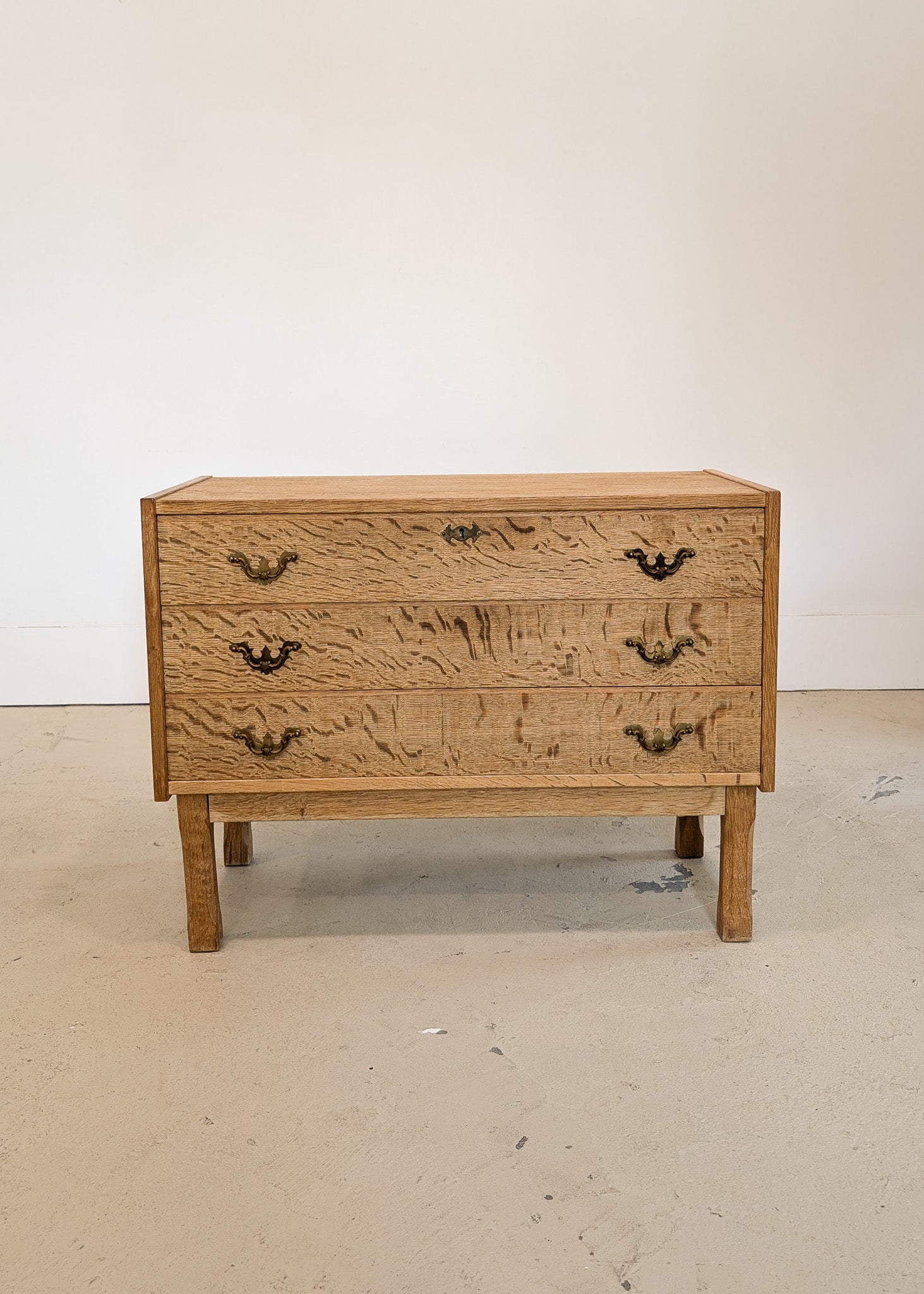 Vintage Danish Henning Kjærnulf-style Quartersawn White Oak and Mahogany Cabinet with Original Skeleton Key