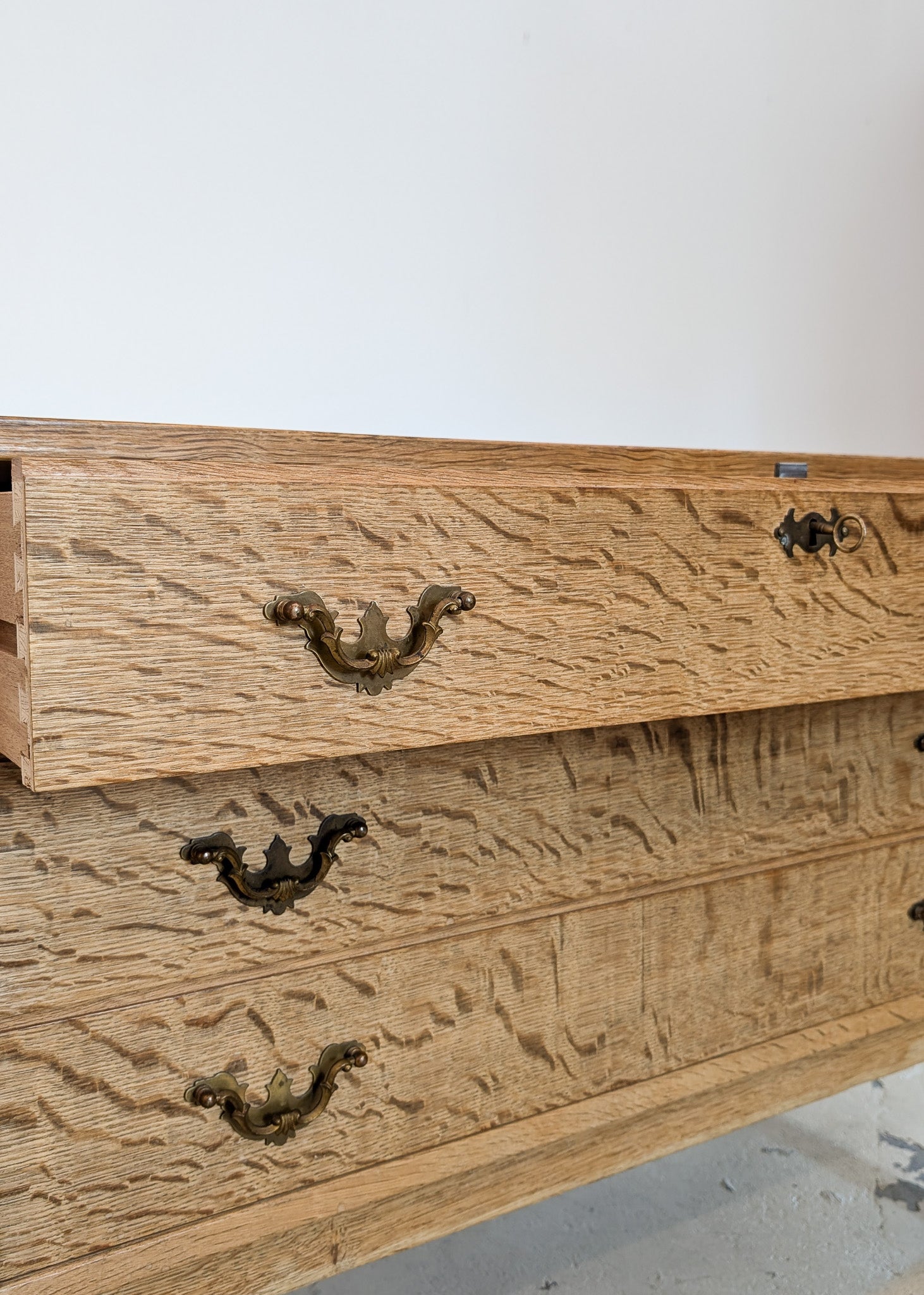 Vintage Danish Henning Kjærnulf-style Quartersawn White Oak and Mahogany Cabinet with Original Skeleton Key