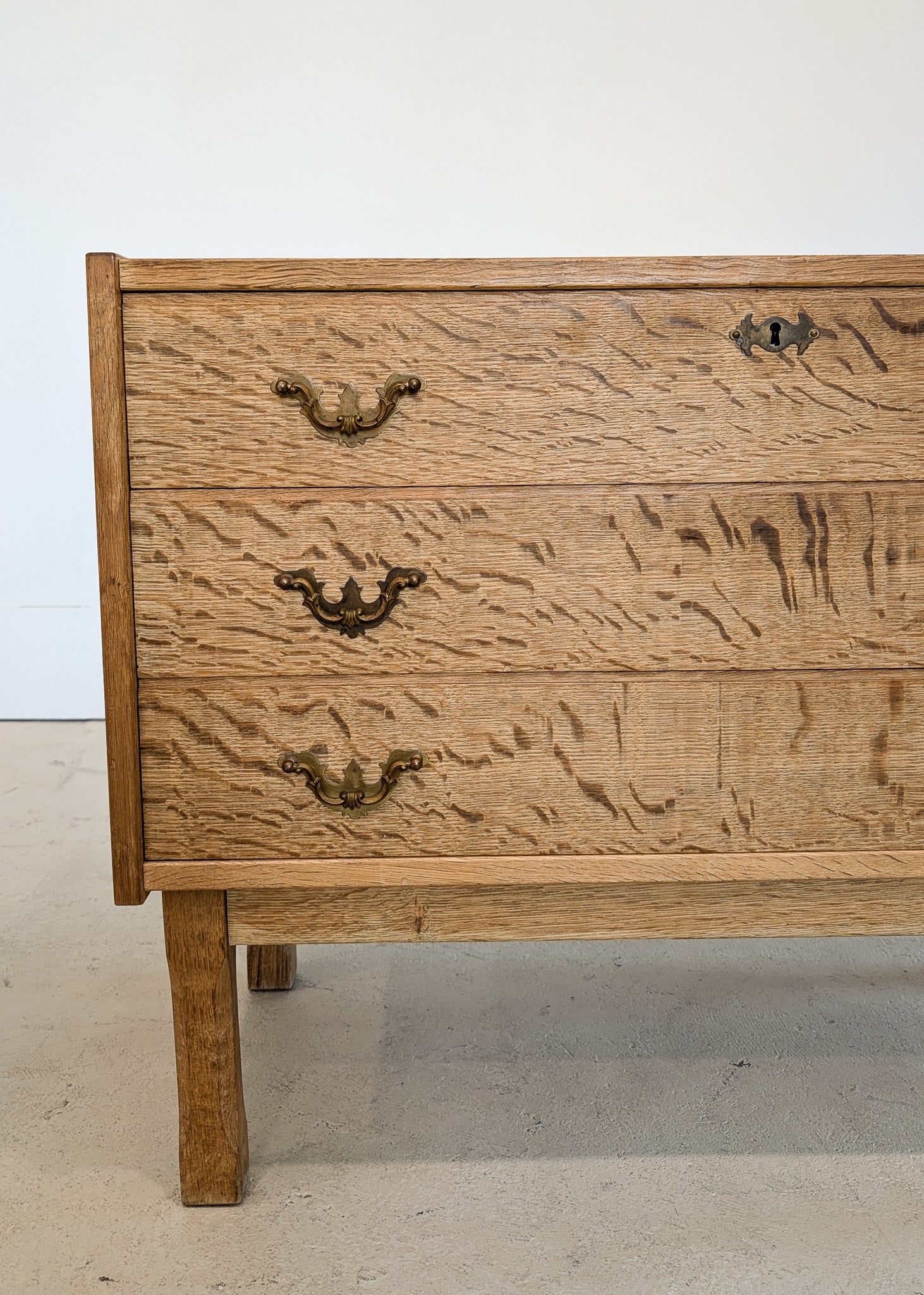 Vintage Danish Henning Kjærnulf-style Quartersawn White Oak and Mahogany Cabinet with Original Skeleton Key