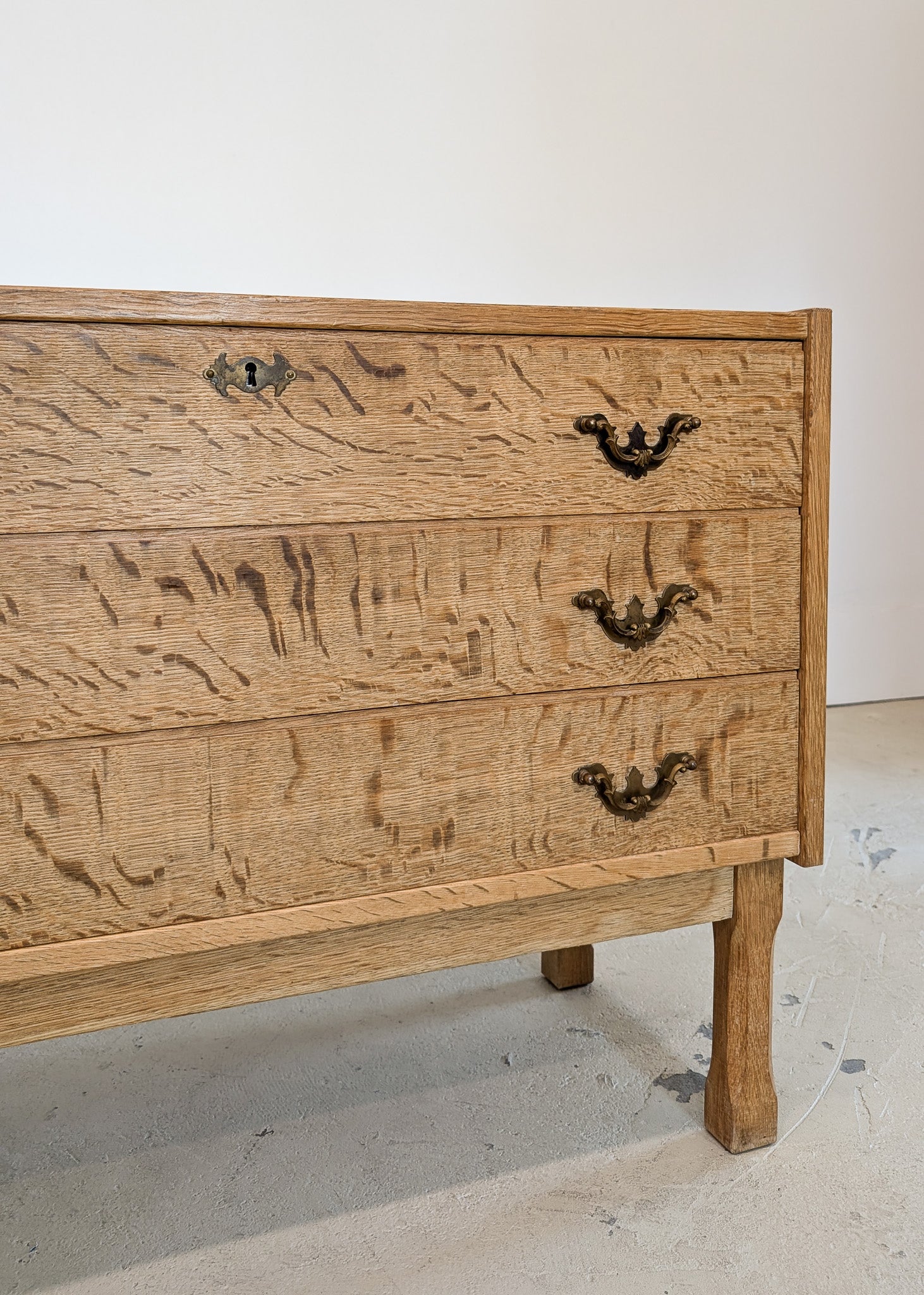 Vintage Danish Henning Kjærnulf-style Quartersawn White Oak and Mahogany Cabinet with Original Skeleton Key