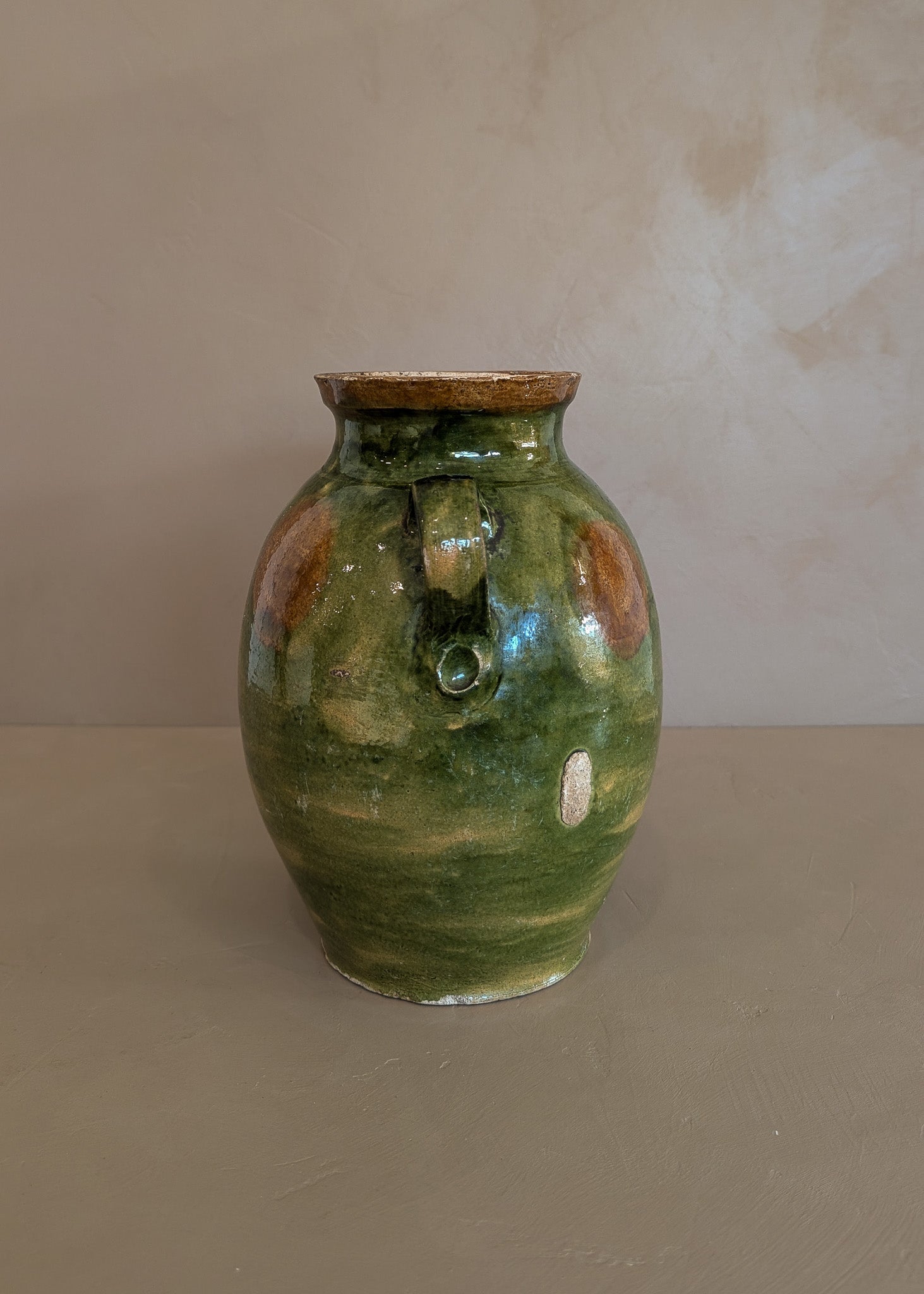 Antique Green and Brown European Handled Sauerkraut Jar