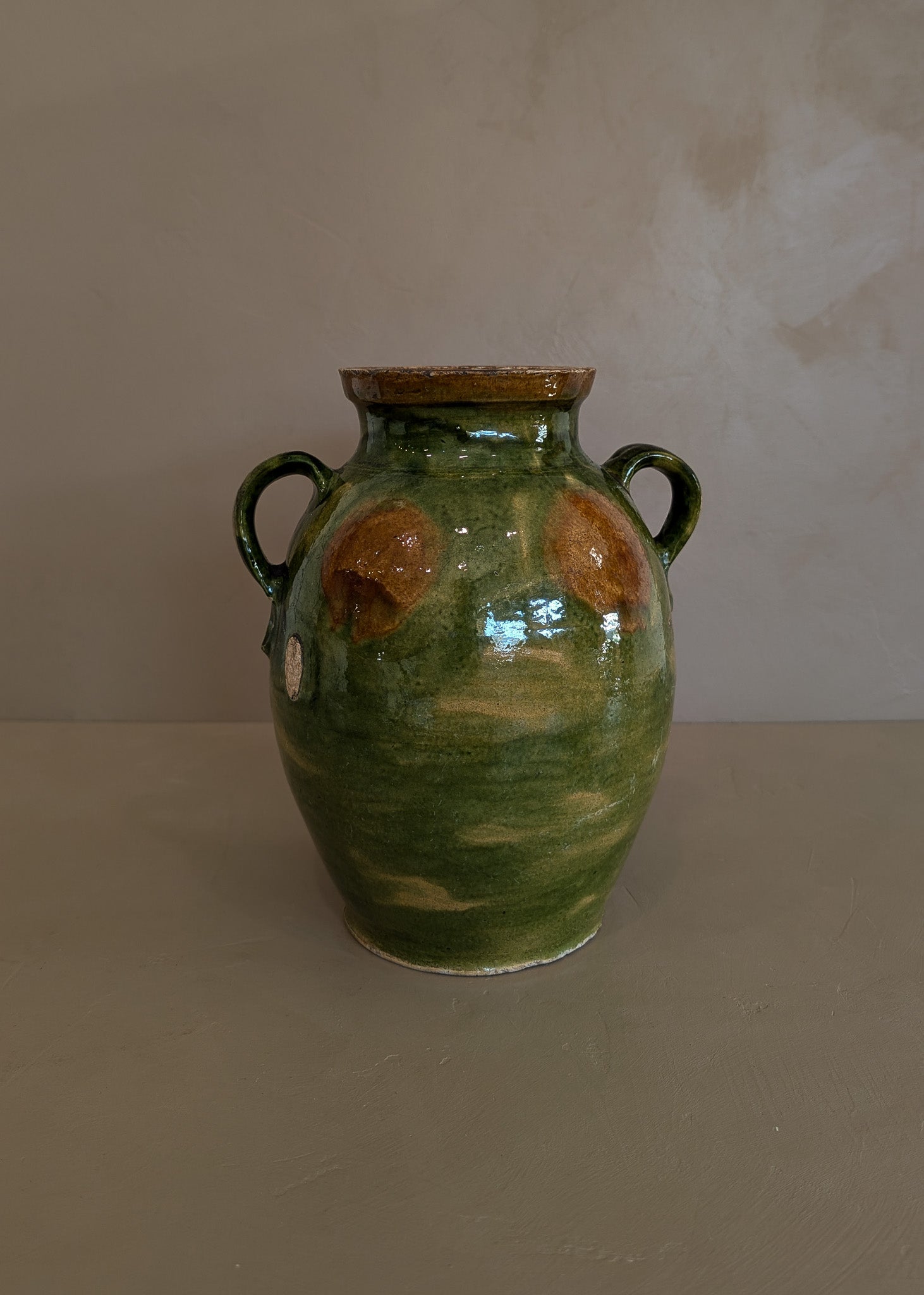 Antique Green and Brown European Handled Sauerkraut Jar