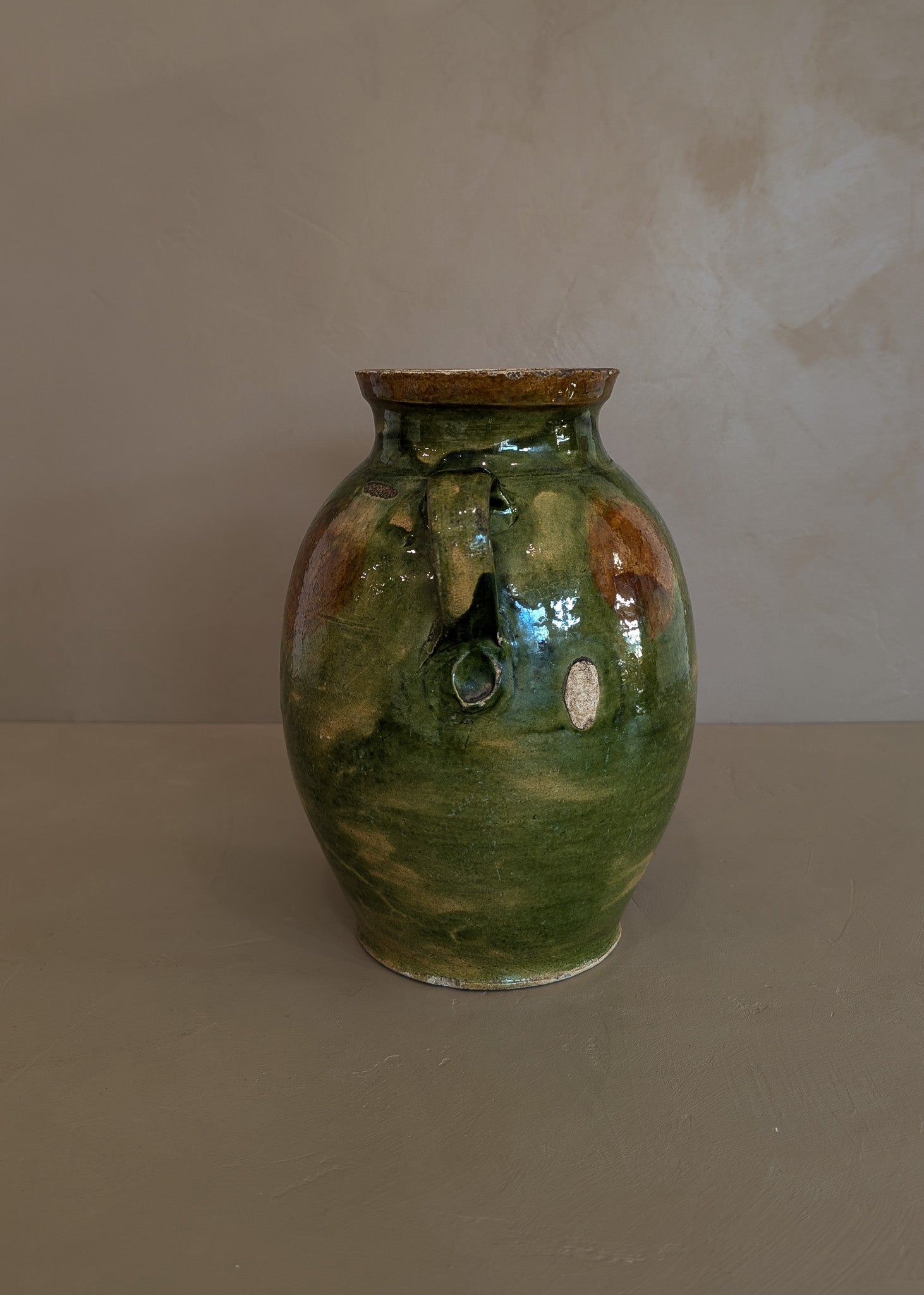 Antique Green and Brown European Handled Sauerkraut Jar