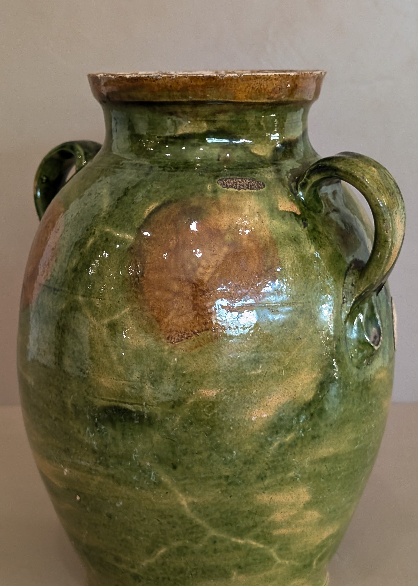 Antique Green and Brown European Handled Sauerkraut Jar