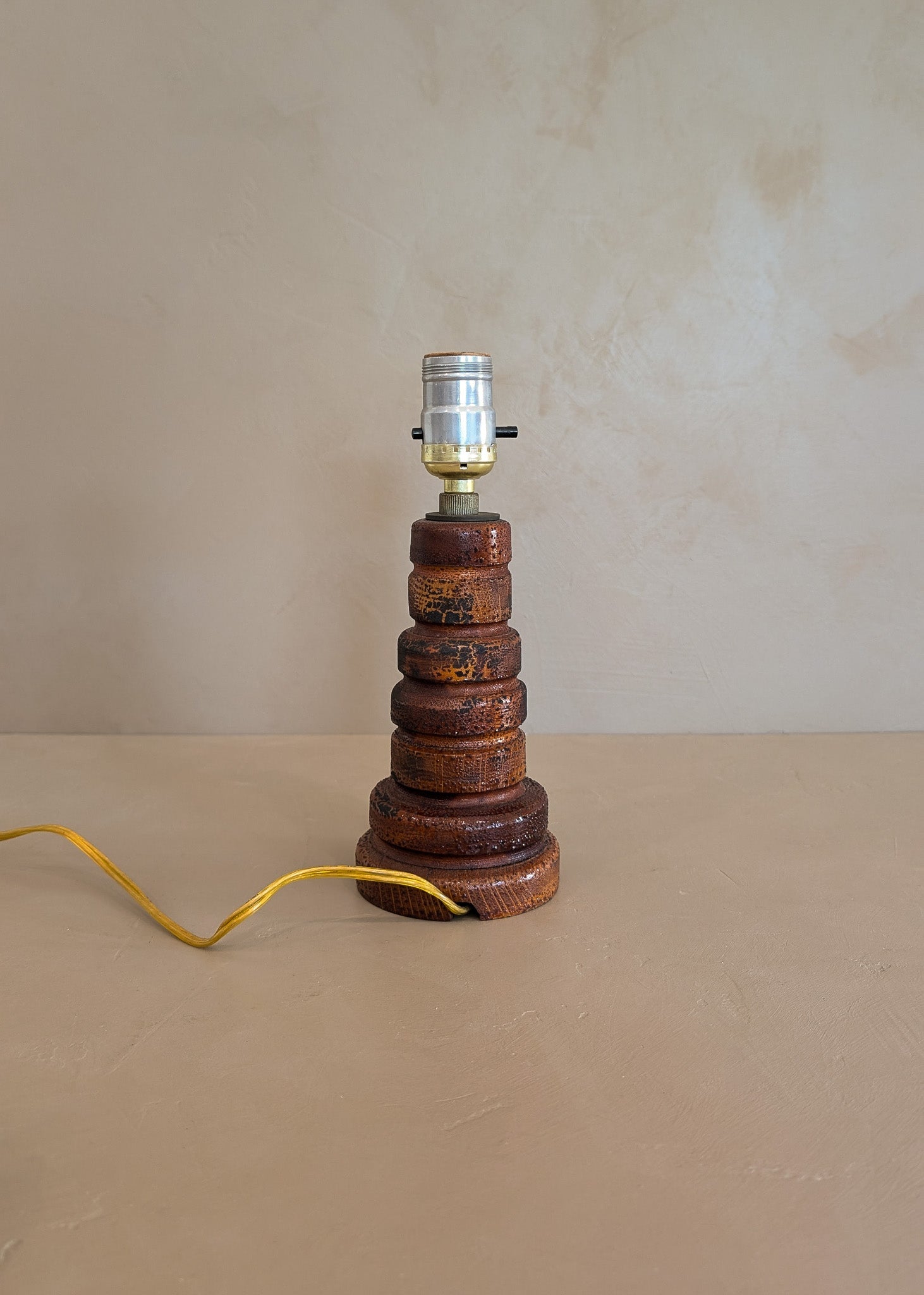 Petite Vintage Hand-turned Wooden Lamp with Crazed Glazing