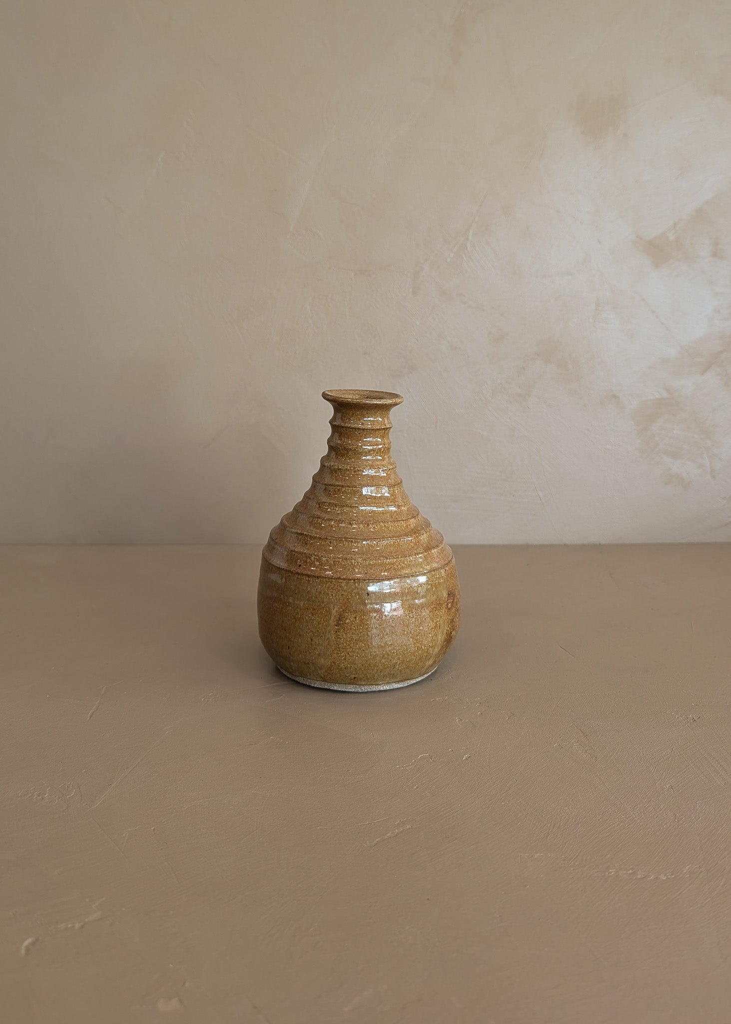 Stamped Neutral Glazed and Ribbed Studio Pottery Vase