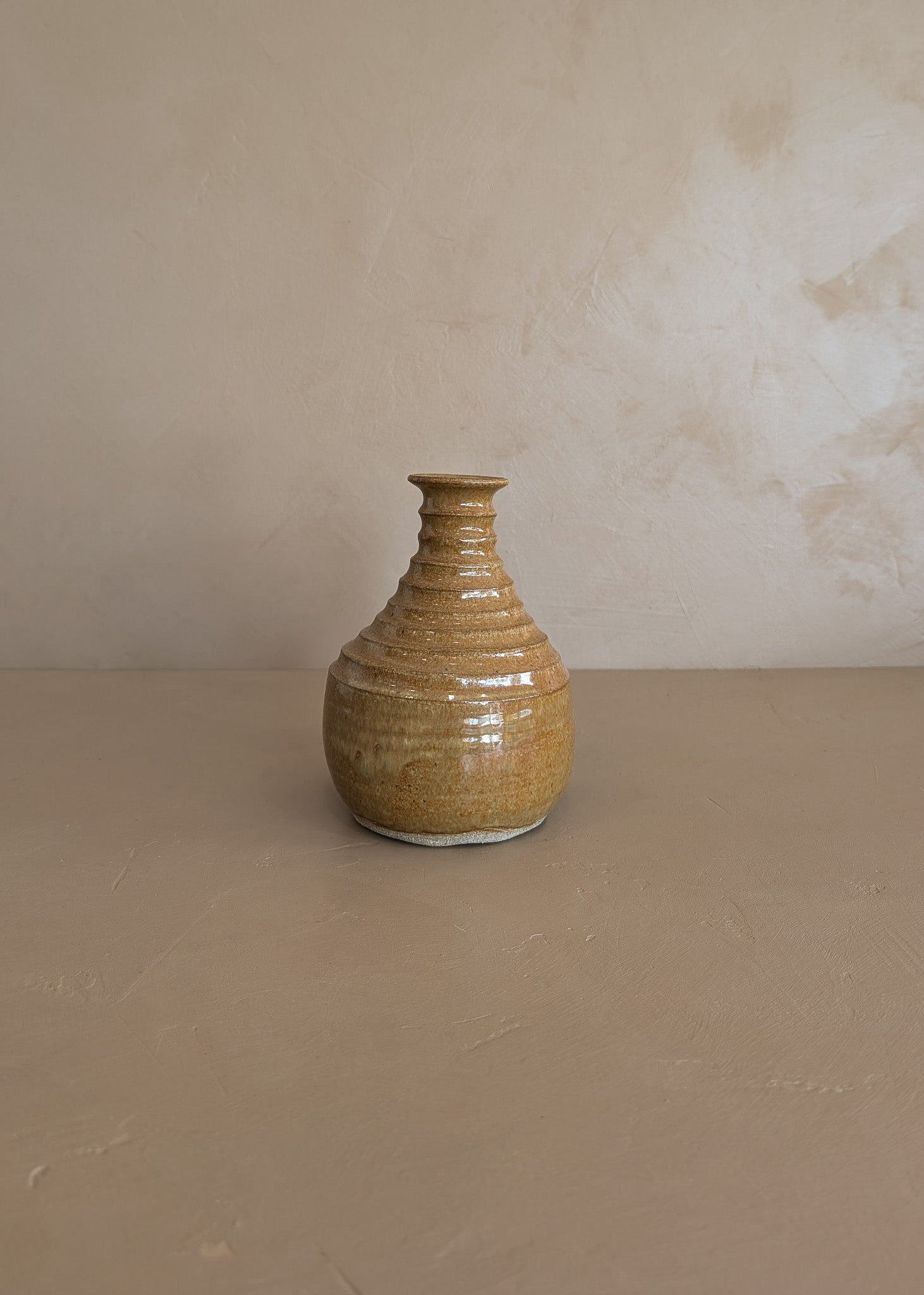 Stamped Neutral Glazed and Ribbed Studio Pottery Vase