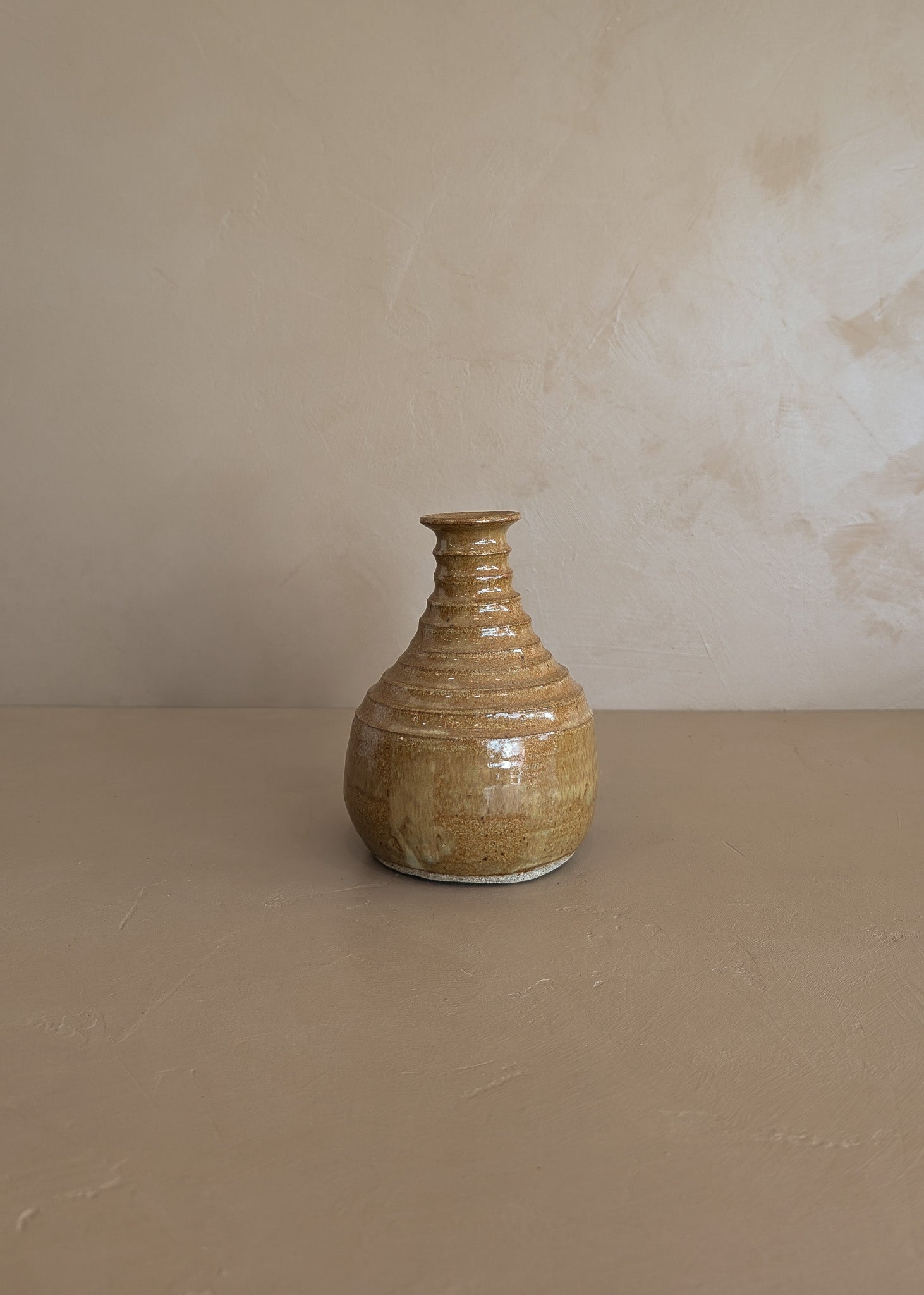 Stamped Neutral Glazed and Ribbed Studio Pottery Vase