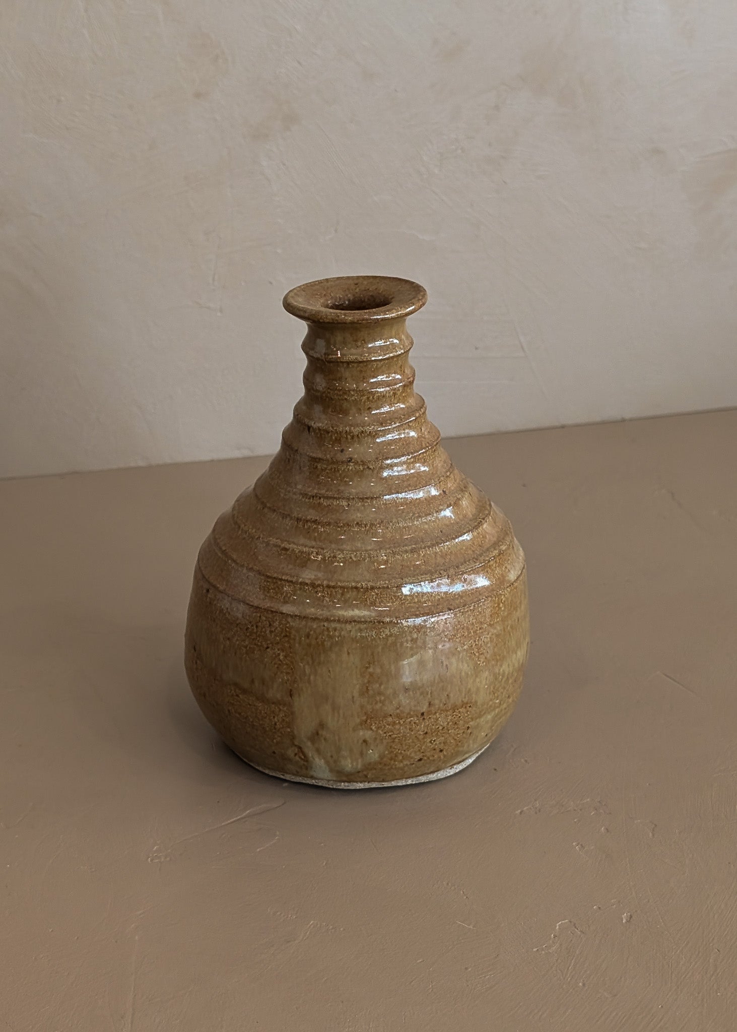 Stamped Neutral Glazed and Ribbed Studio Pottery Vase