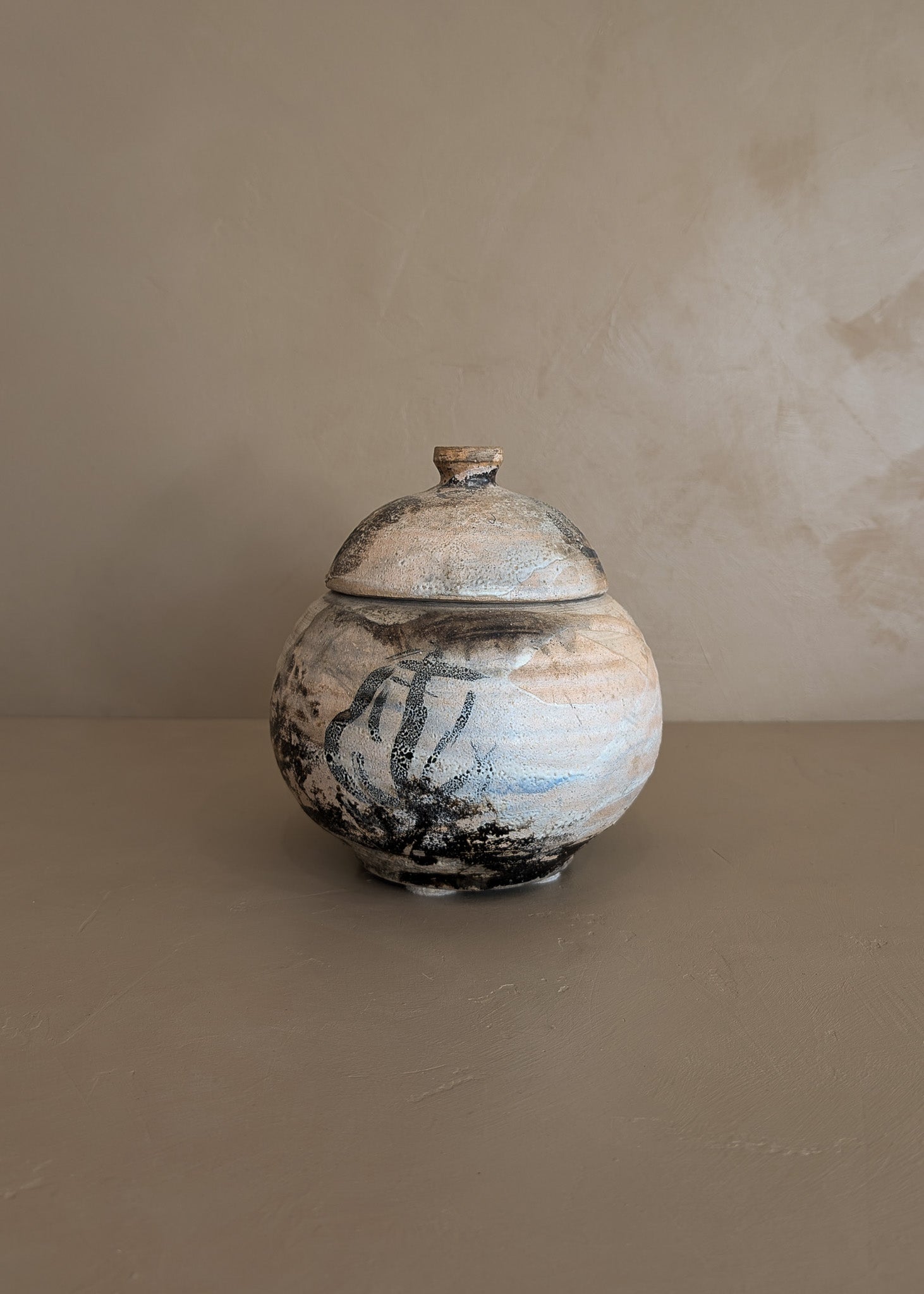 Unique Raku-Fired Signed Studio Pottery Lidded Vessel