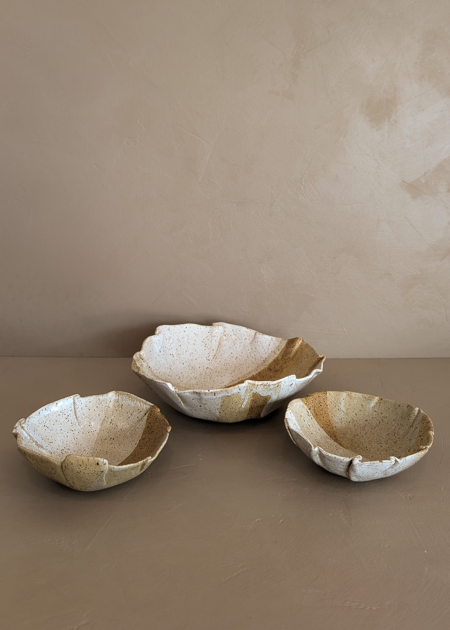 Set of 3 Vintage Signed Ruffled Studio Pottery Serving Bowls