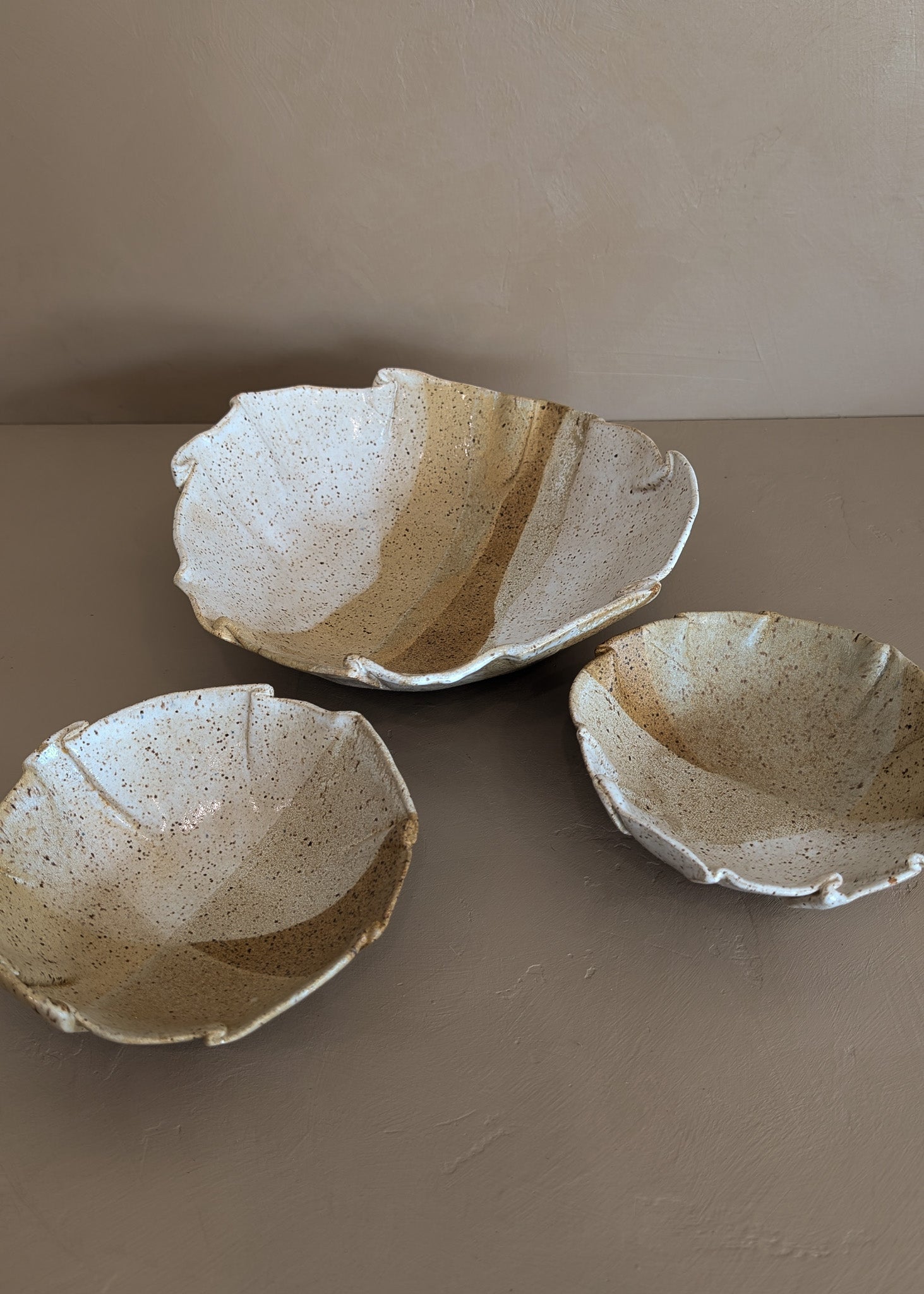 Set of 3 Vintage Signed Ruffled Studio Pottery Serving Bowls