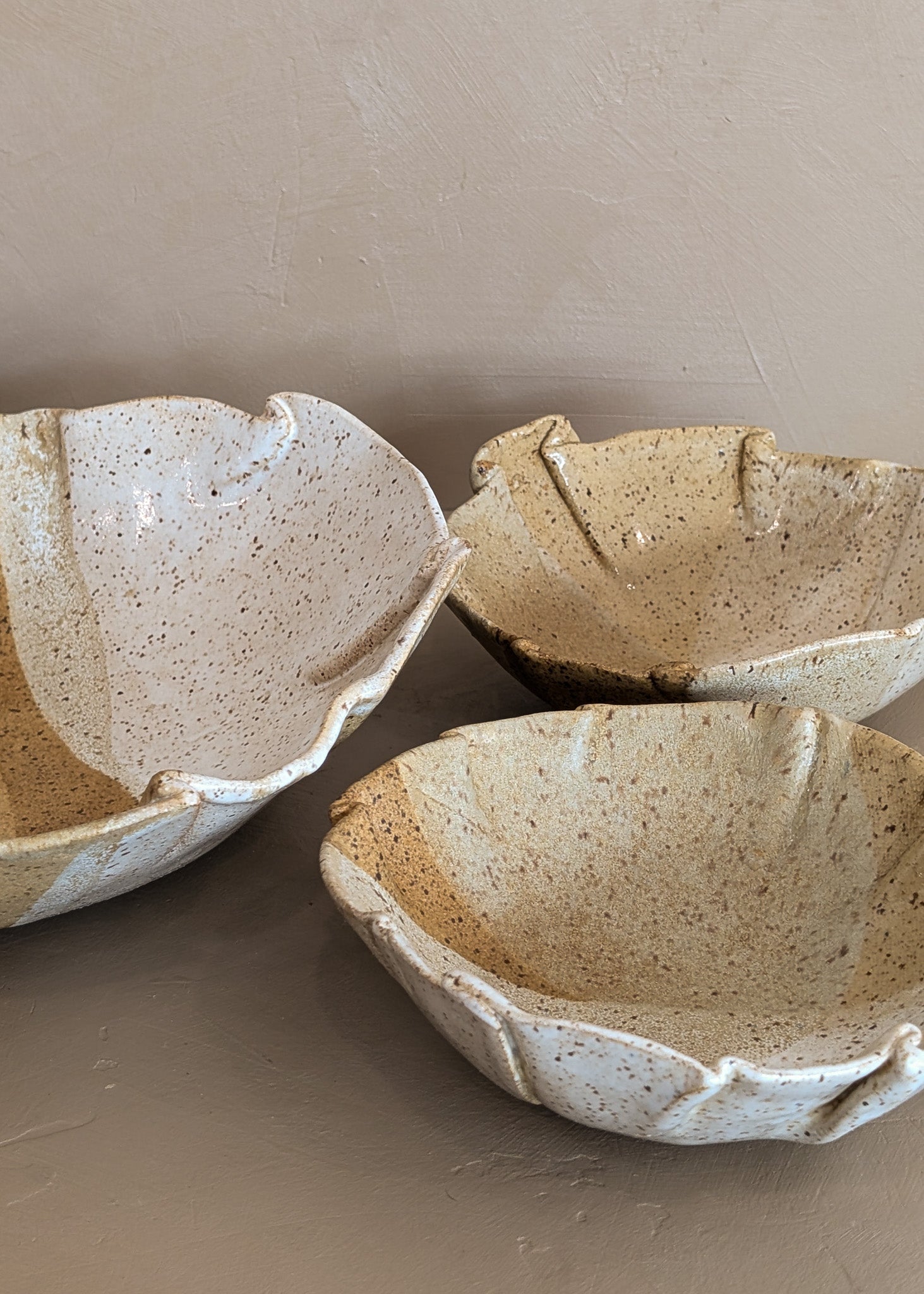 Set of 3 Vintage Signed Ruffled Studio Pottery Serving Bowls