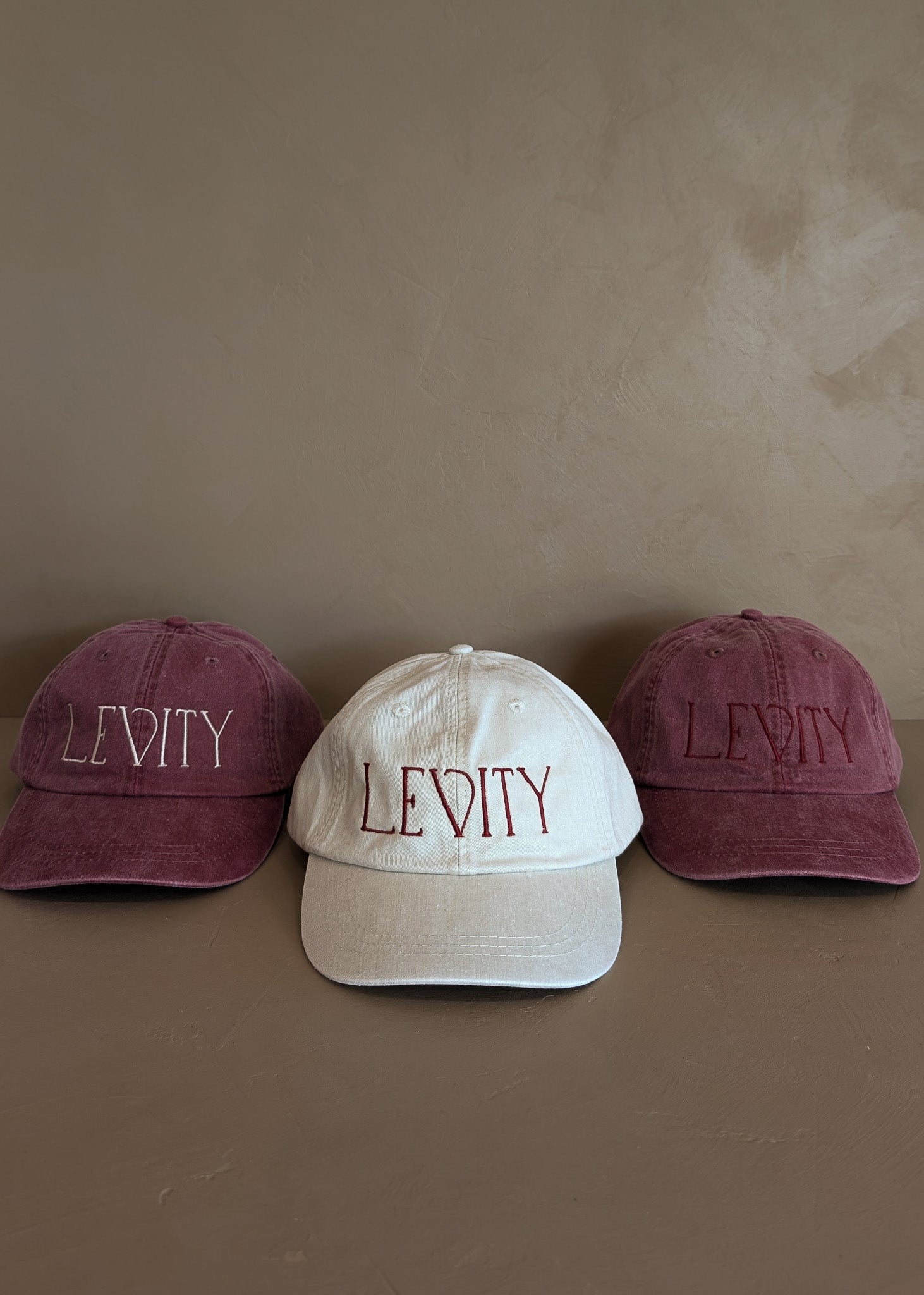 Embroidered Levity Interiors Hat with Leather Strap and Brass Clasp - Burgundy Hat with Cream Thread