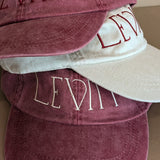 Embroidered Levity Interiors Hat with Leather Strap and Brass Clasp - Burgundy Hat with Cream Thread