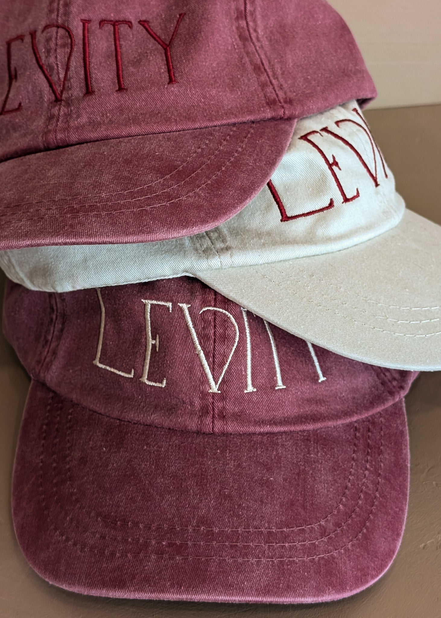 Embroidered Levity Interiors Hat with Leather Strap and Brass Clasp - Burgundy Hat with Cream Thread