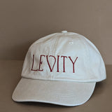 Embroidered Levity Interiors Hat with Leather Strap and Brass Clasp - Cream Hat with Burgundy Thread