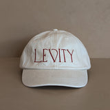 Embroidered Levity Interiors Hat with Leather Strap and Brass Clasp - Cream Hat with Burgundy Thread